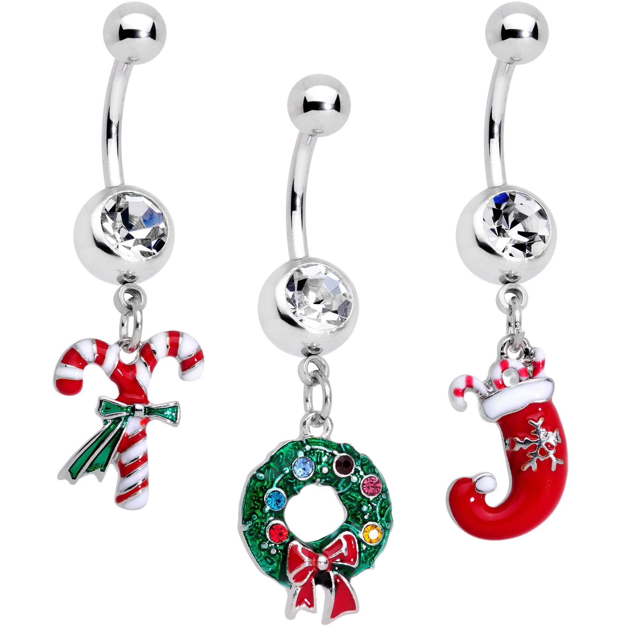 BodyCandy Clear Gem Wreath Stocking Candy Cane Christmas Belly Ring Set of 3 — main product shot