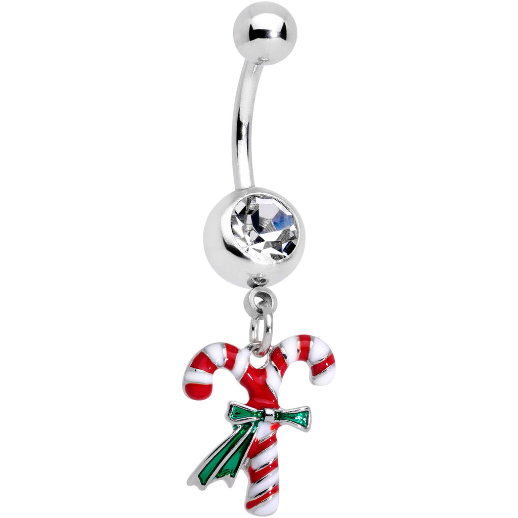 BodyCandy Clear Gem Wreath Stocking Candy Cane Christmas Belly Ring Set of 3 — detail close-up