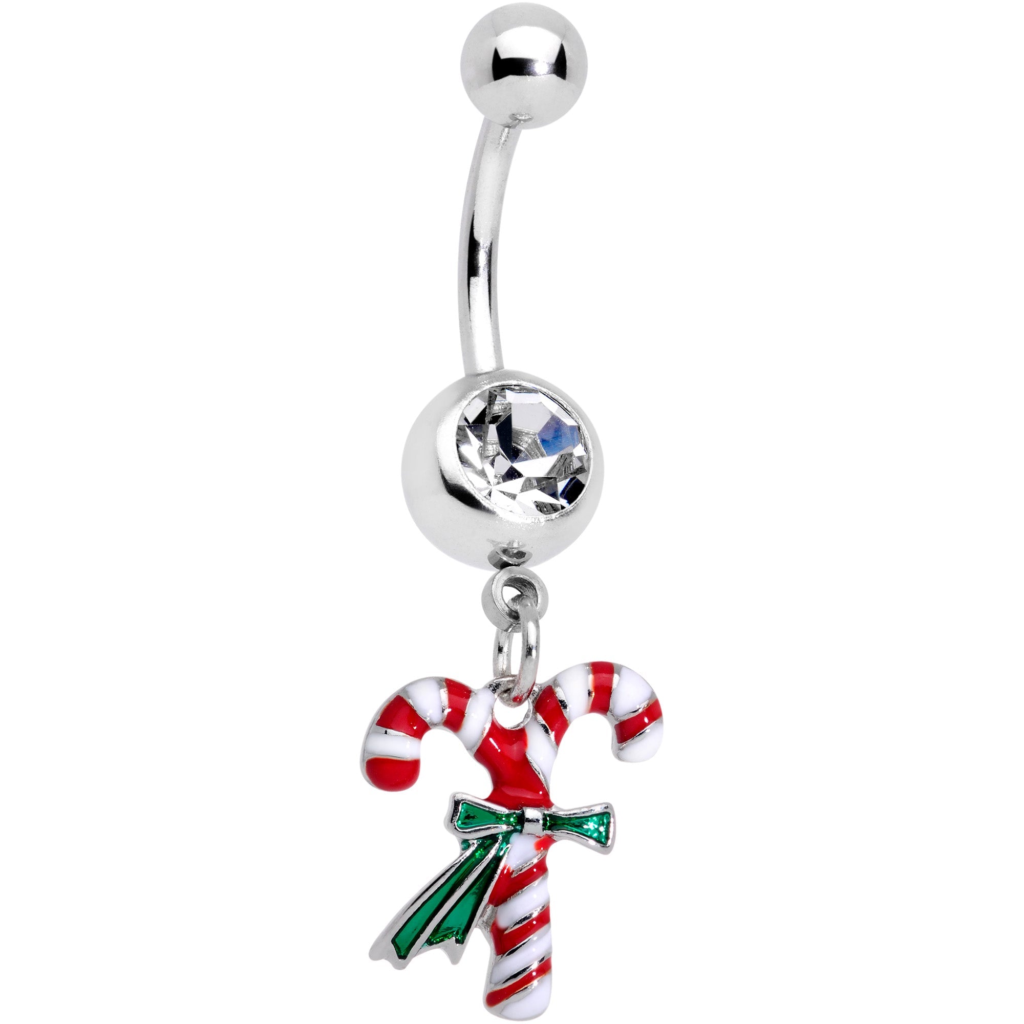 BodyCandy Clear Gem Wreath Stocking Candy Cane Christmas Belly Ring Set of 3 — detail close-up