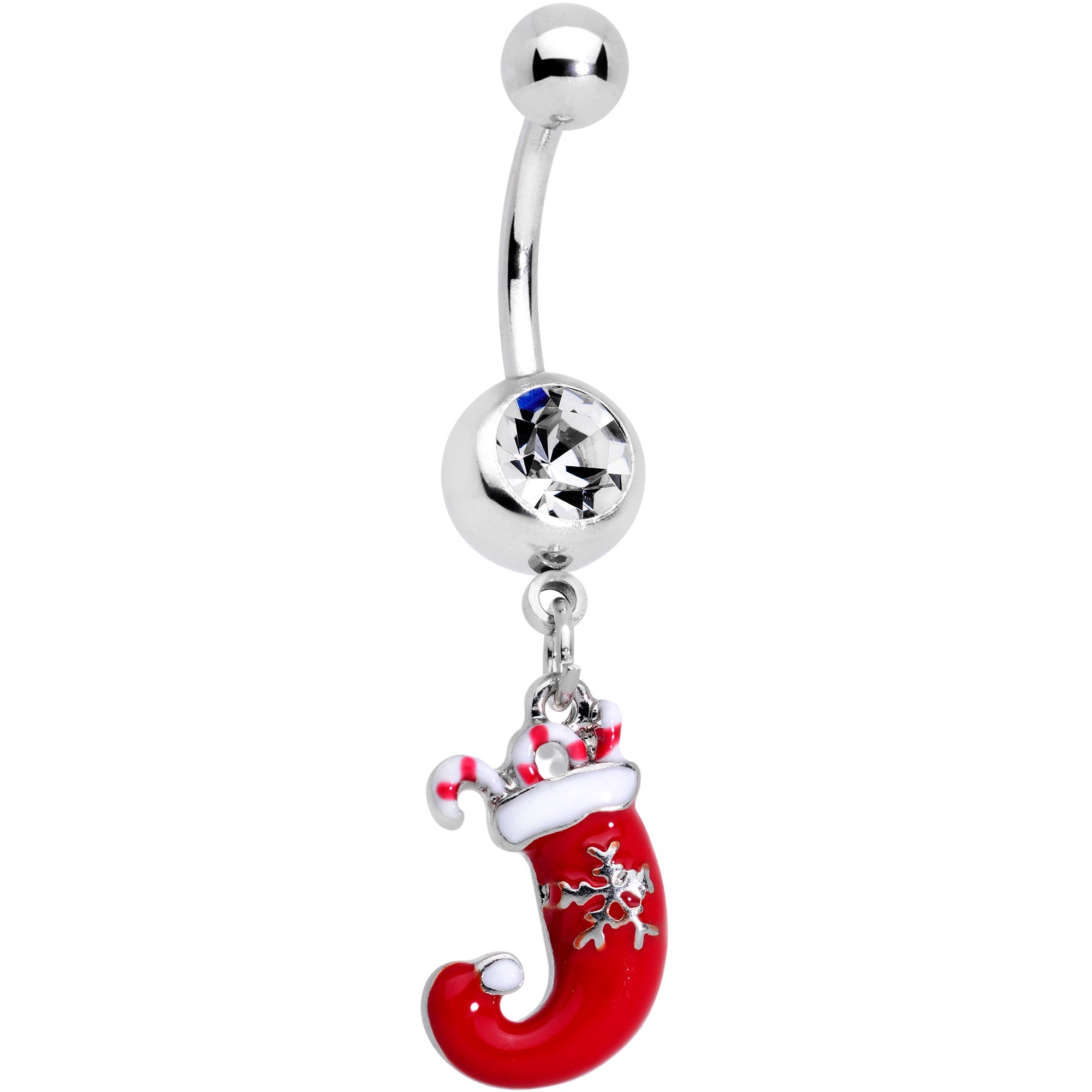 BodyCandy Clear Gem Wreath Stocking Candy Cane Christmas Belly Ring Set of 3 — side view