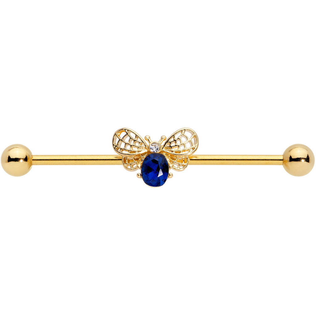 BodyCandy 14G Blue Gem Gold Tone Beautiful Bee Industrial Barbell 38mm — detail close-up