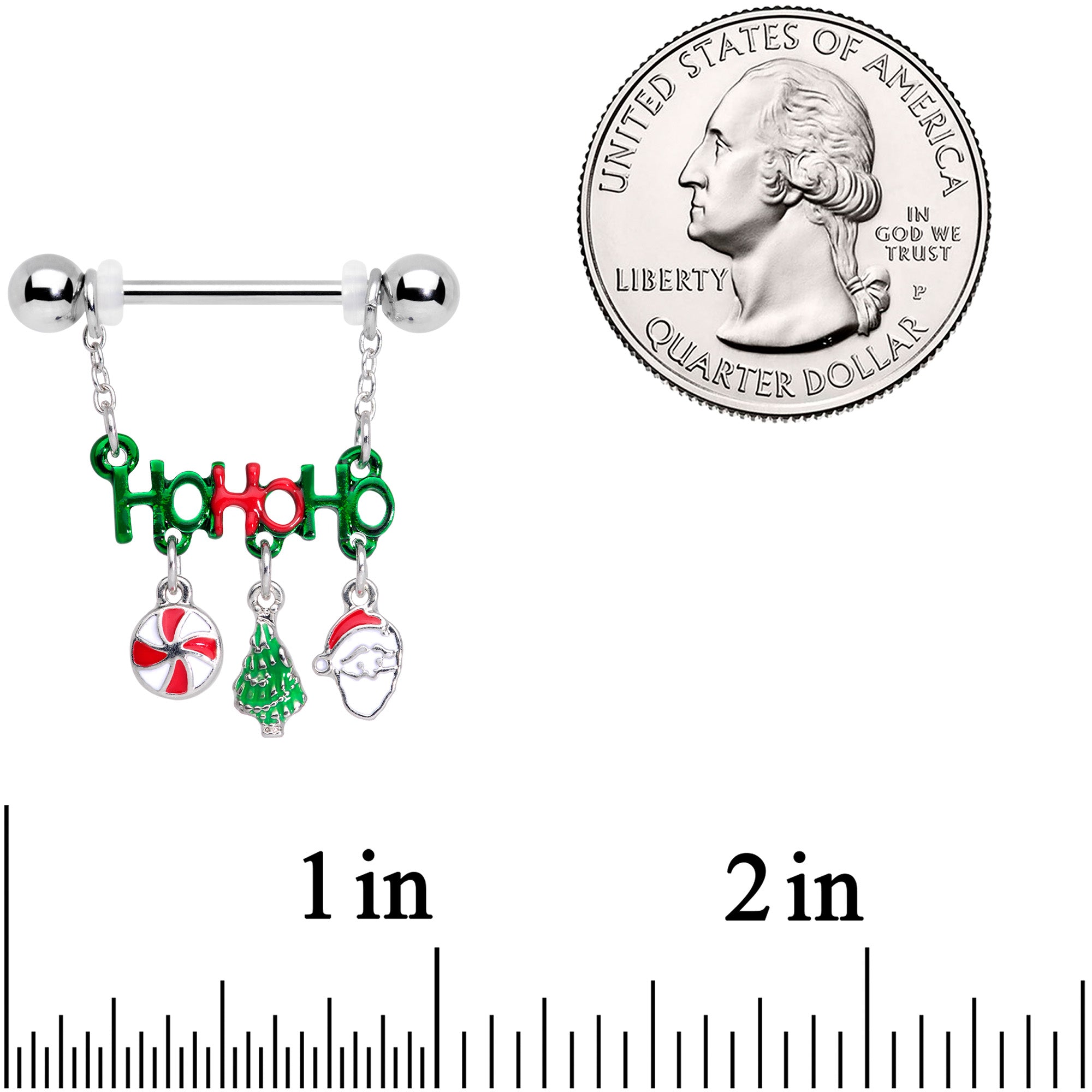 BodyCandy 14G 11/16 Ho Ho Ho Santa Christmas Chain Dangle Nipple Ring Set — detail close-up