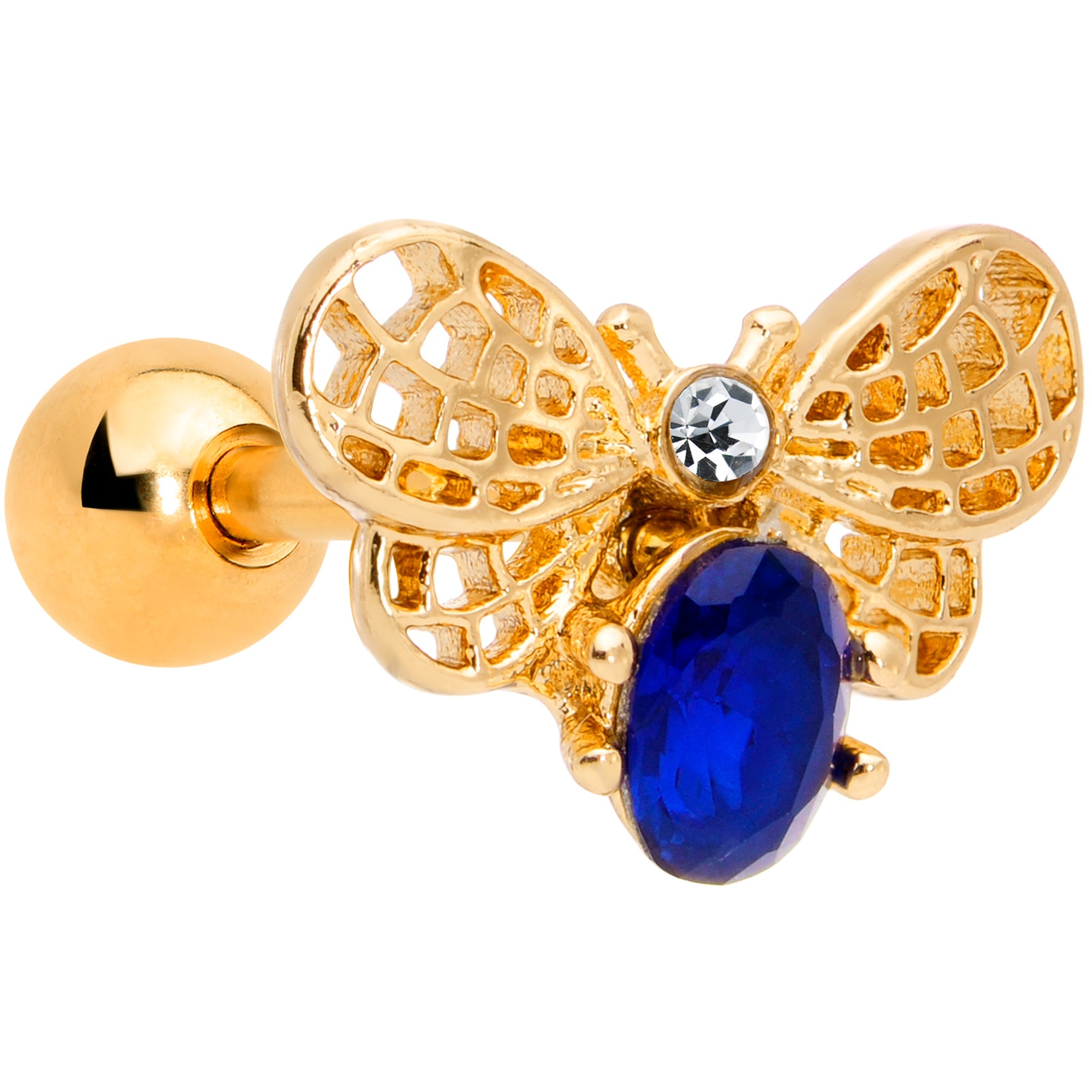 BodyCandy 16G 1/4 Blue Gem Gold Tone Beautiful Bee Cartilage Tragus Earring — main product shot