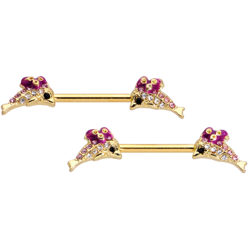 BodyCandy 14G 9/16 Clear Purple Gem Gold Hue Dainty Dolphin Nipple Ring Set — main product shot