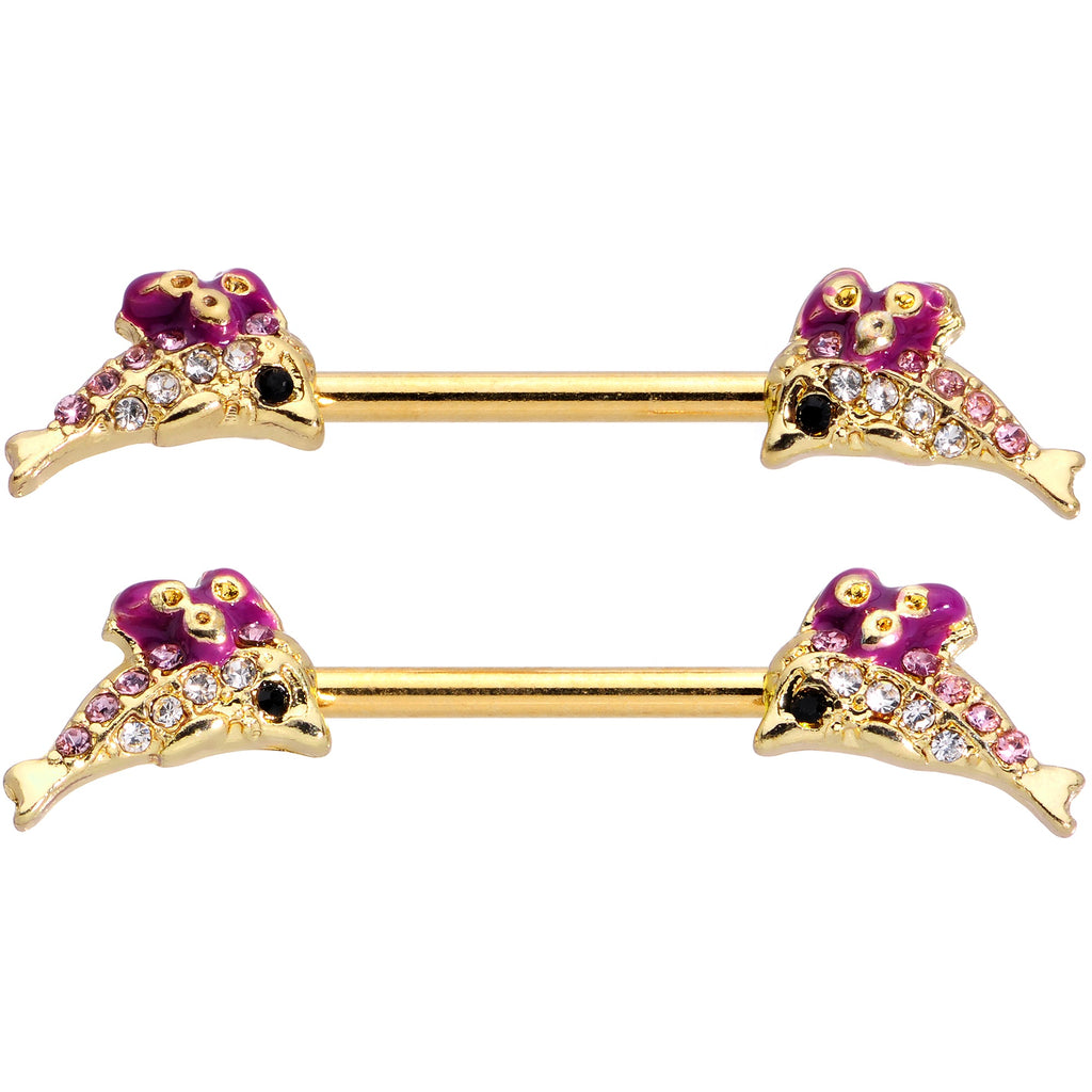 BodyCandy 14G 9/16 Clear Purple Gem Gold Hue Dainty Dolphin Nipple Ring Set — detail close-up
