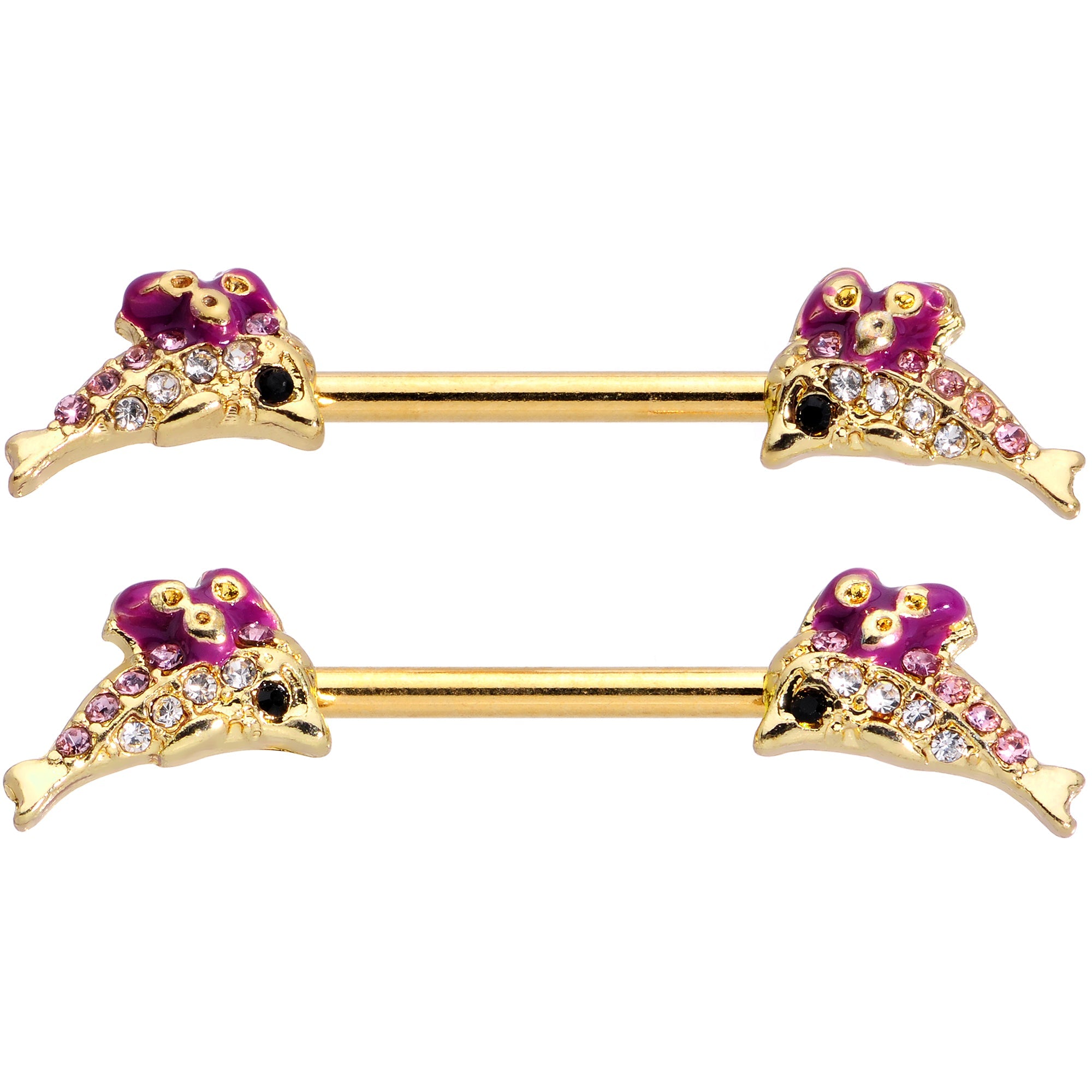 BodyCandy 14G 9/16 Clear Purple Gem Gold Hue Dainty Dolphin Nipple Ring Set — detail close-up