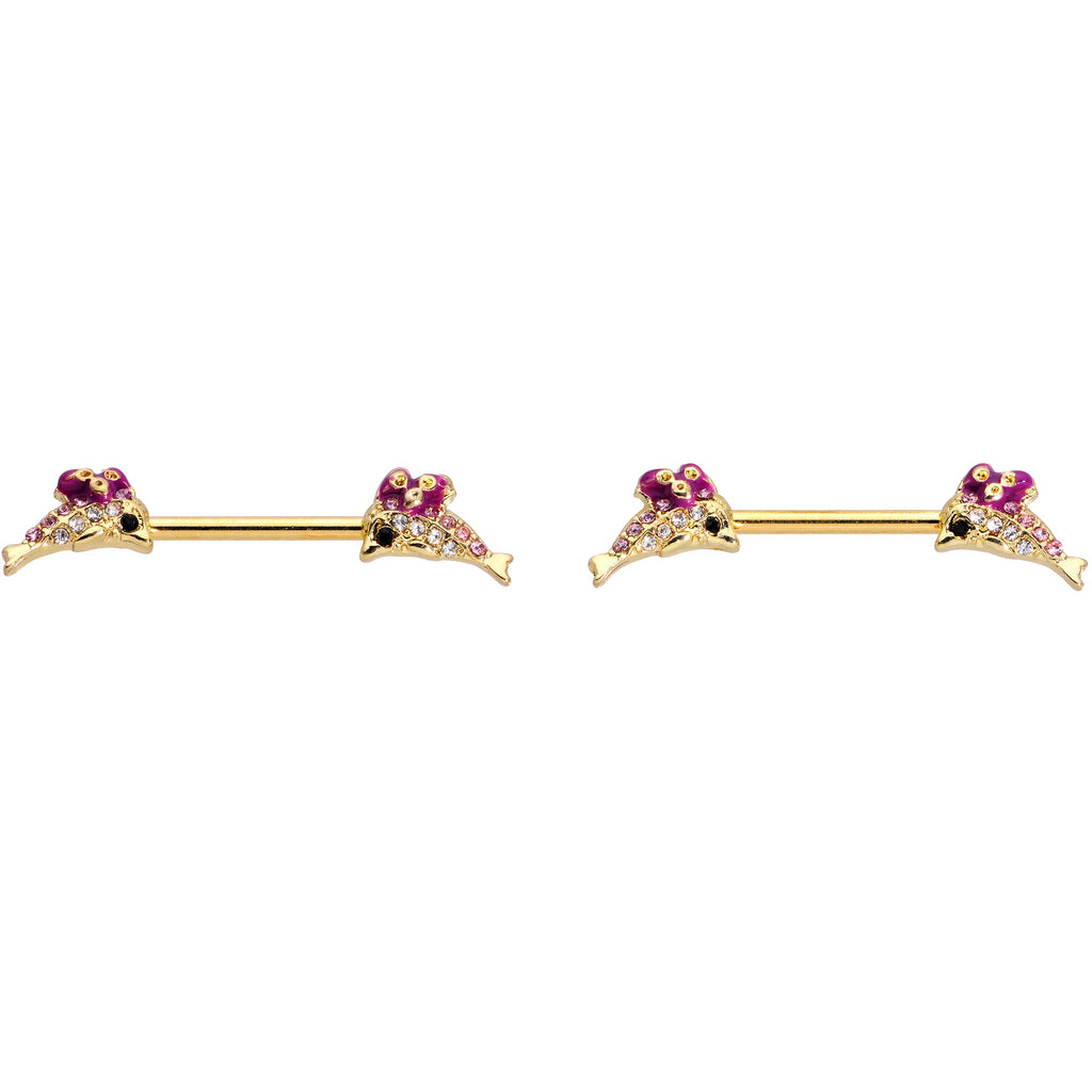 BodyCandy 14G 9/16 Clear Purple Gem Gold Hue Dainty Dolphin Nipple Ring Set — lifestyle context