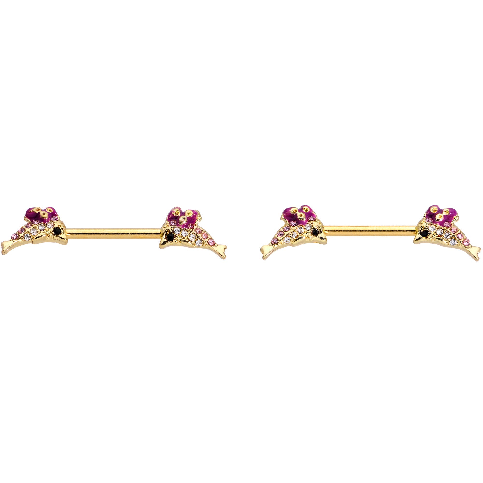 BodyCandy 14G 9/16 Clear Purple Gem Gold Hue Dainty Dolphin Nipple Ring Set — lifestyle context