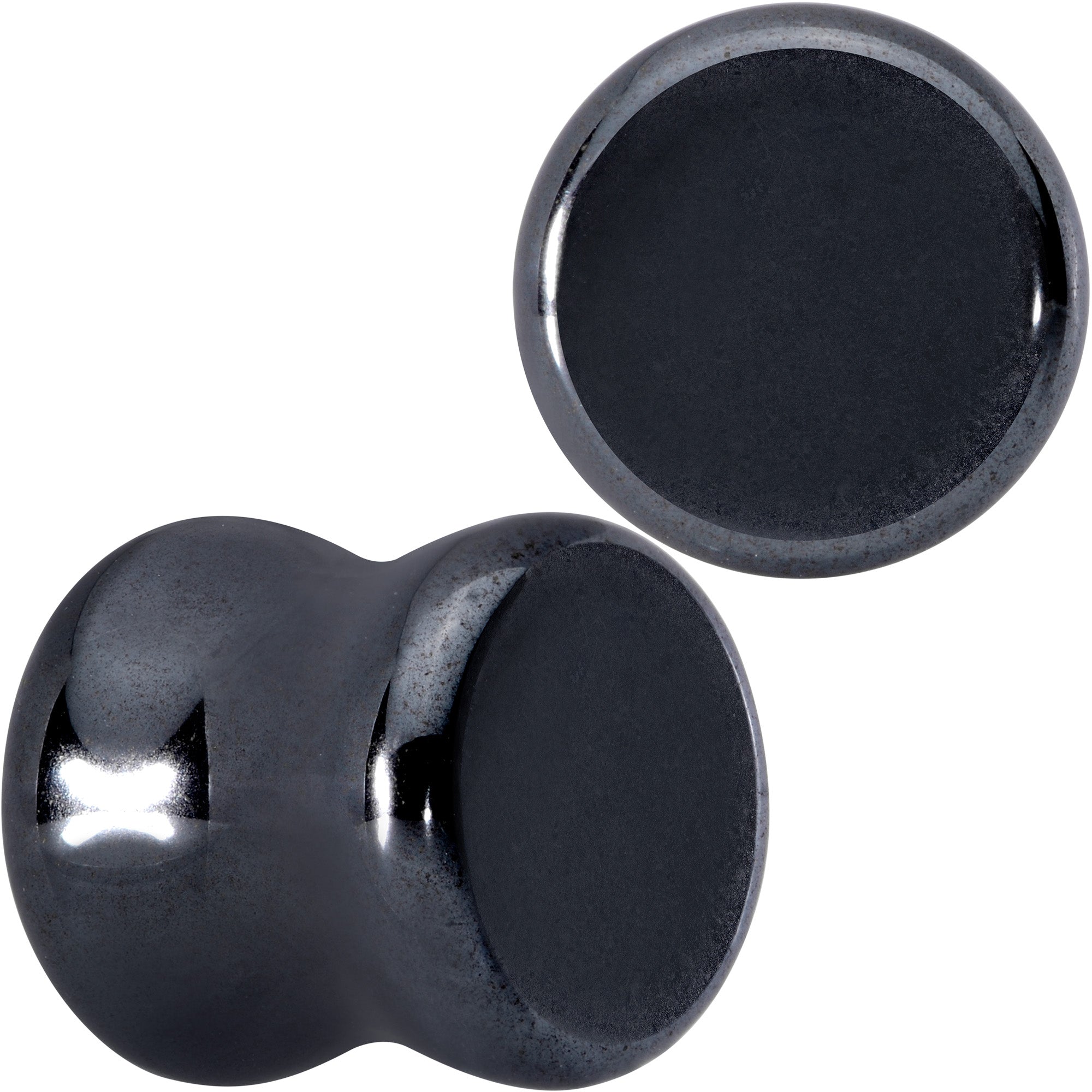 BodyCandy Natural Black Hematite Stone Saddle Plug Set — in-use photo