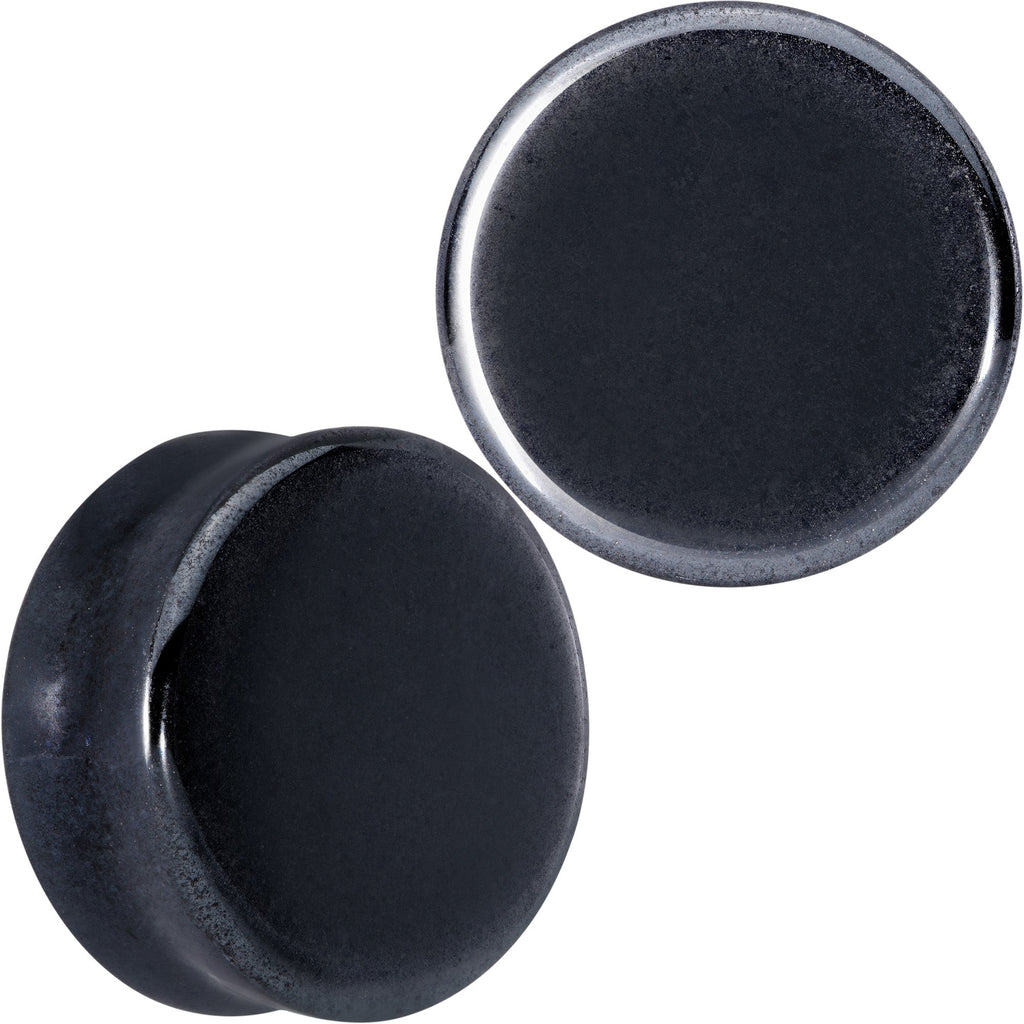 BodyCandy Natural Black Hematite Stone Saddle Plug Set — flat-lay composition
