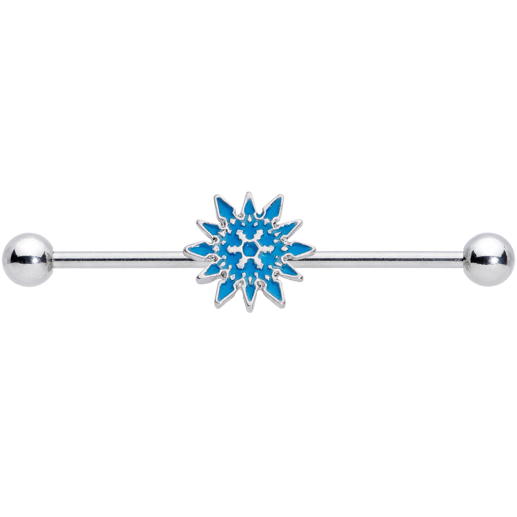 BodyCandy 14G Blue Winter Snowflake Christmas Industrial Barbell 38mm — detail close-up
