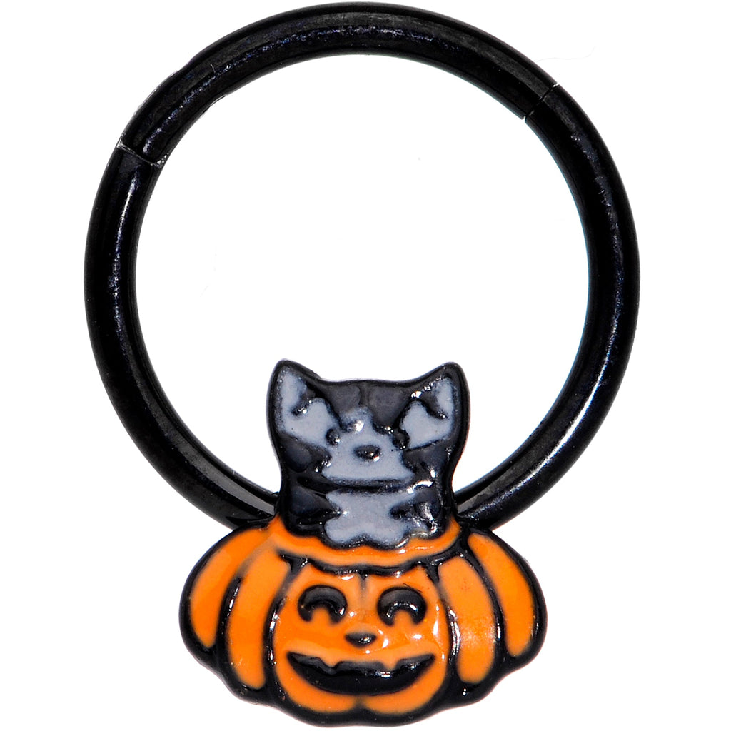 BodyCandy 16G 3/8 Black Cat Surprise Pumpkin Halloween Hinged Segment Ring — main product shot