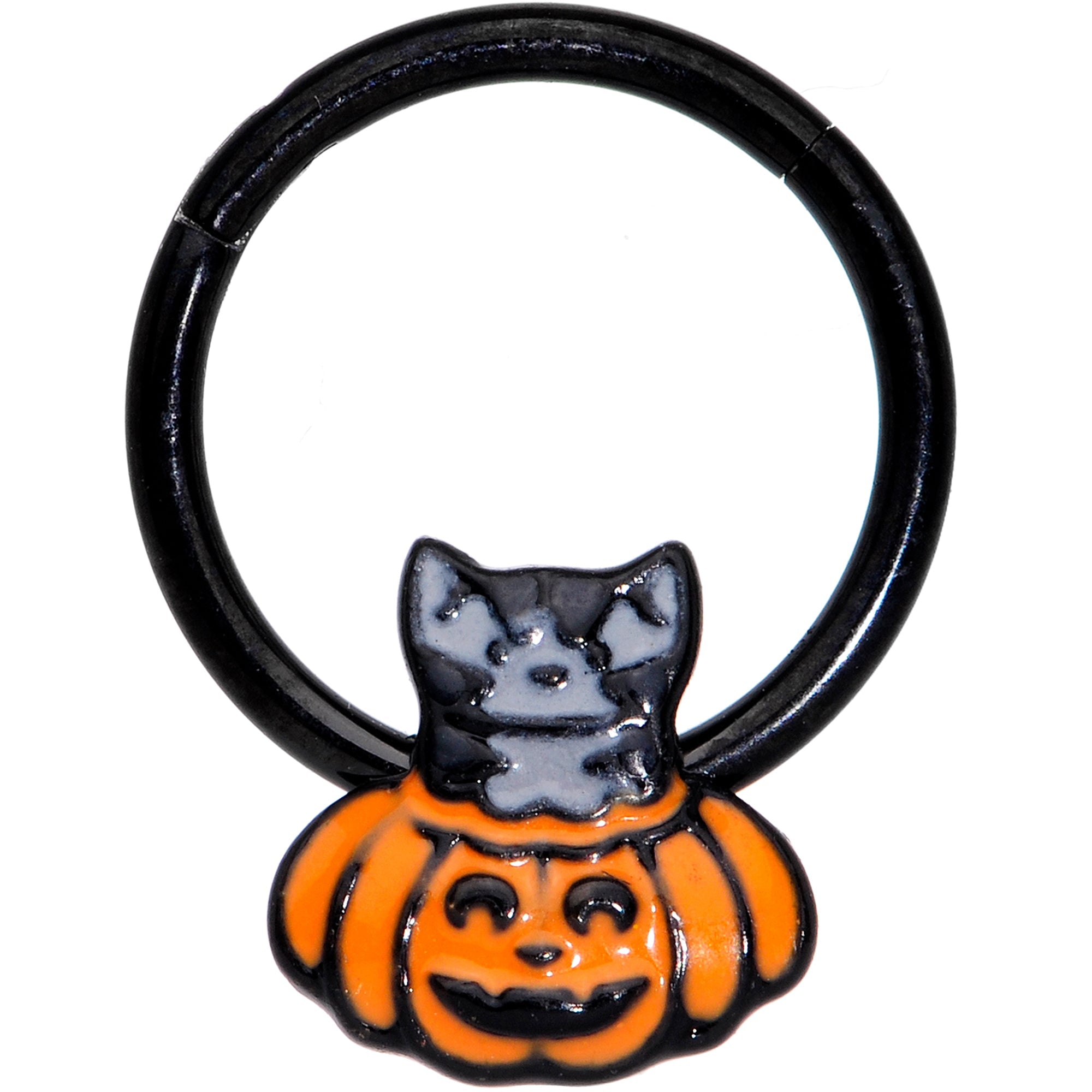 BodyCandy 16G 3/8 Black Cat Surprise Pumpkin Halloween Hinged Segment Ring — main product shot