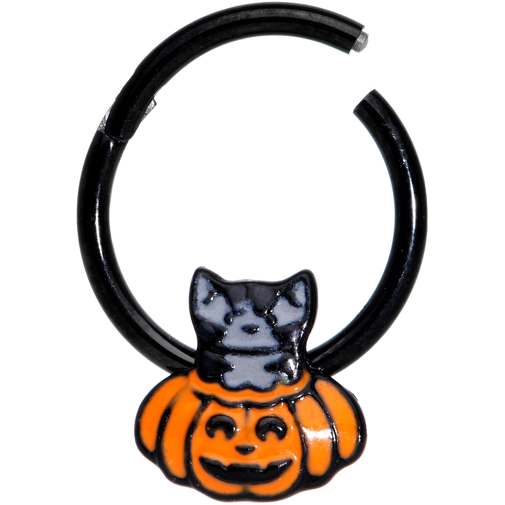 BodyCandy 16G 3/8 Black Cat Surprise Pumpkin Halloween Hinged Segment Ring — detail close-up