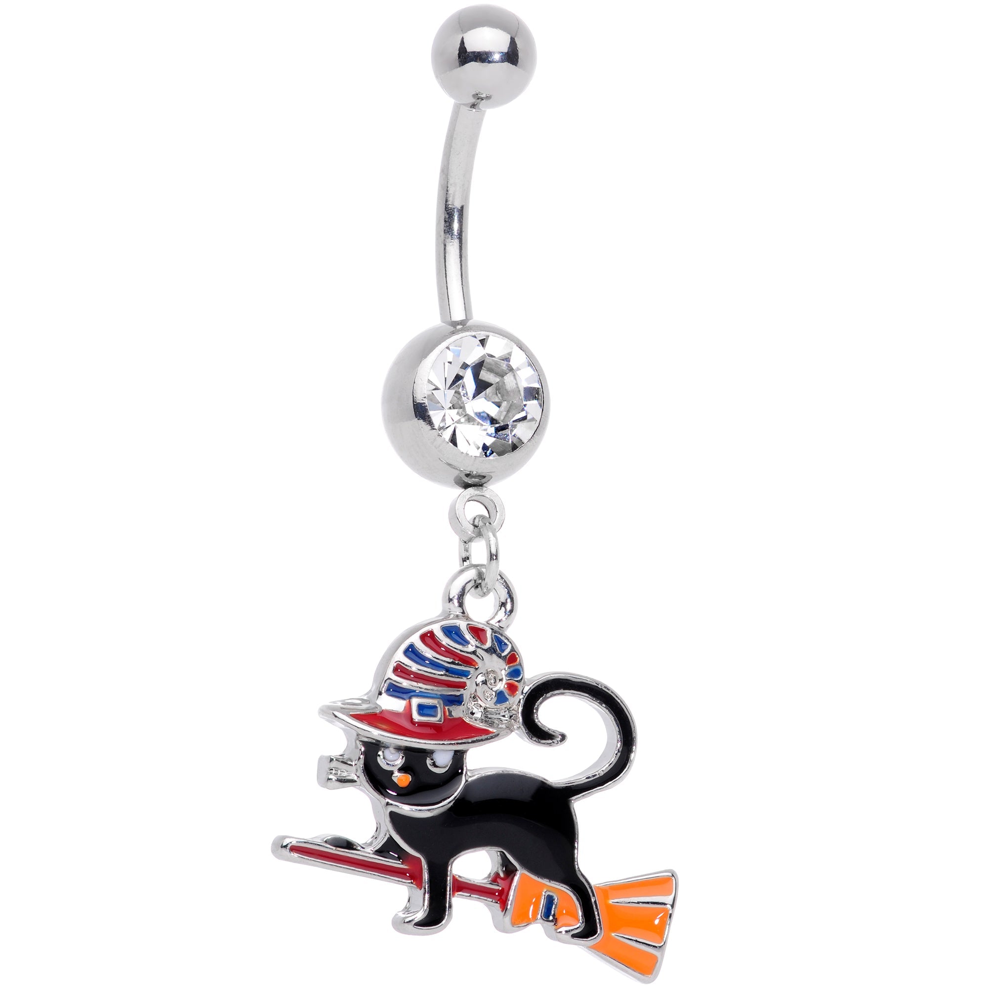 BodyCandy Clear Gem Witch Cat Broom Halloween Dangle Belly Ring — main product shot
