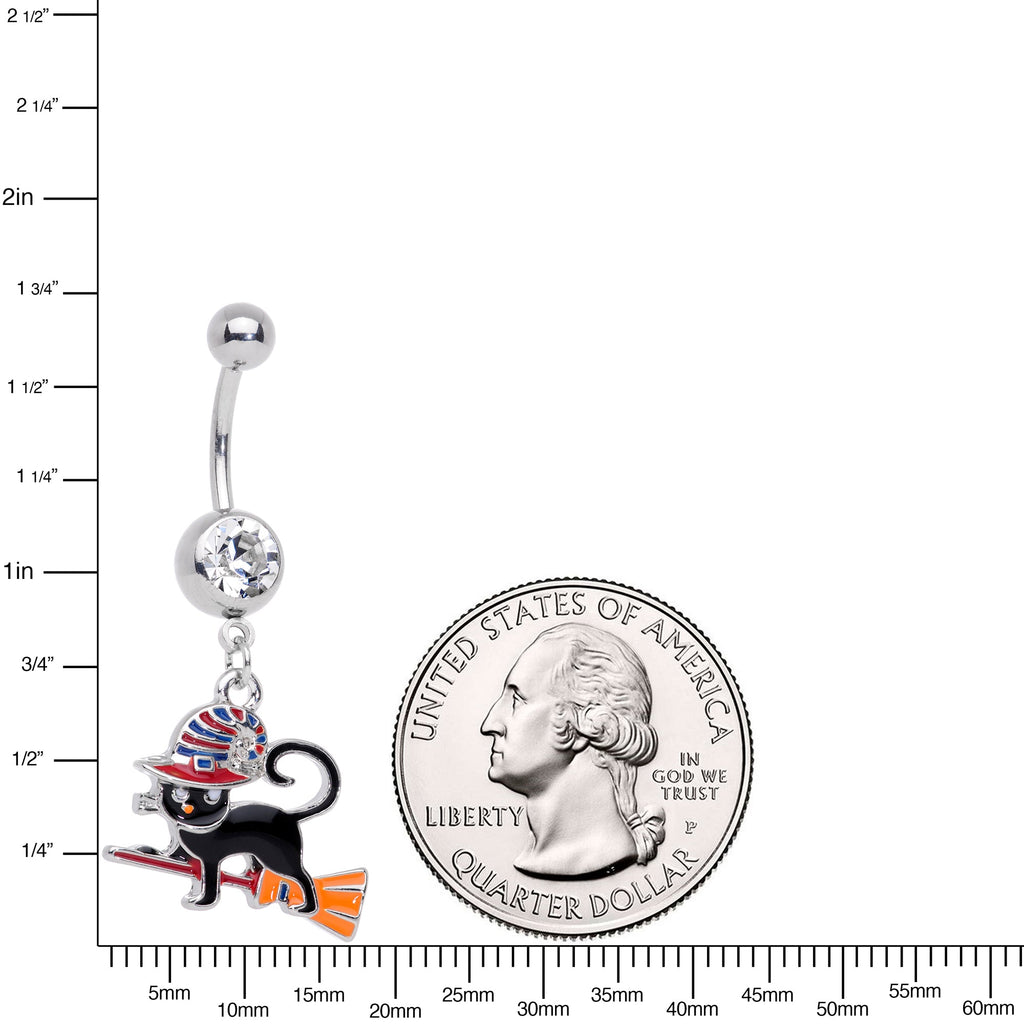 BodyCandy Clear Gem Witch Cat Broom Halloween Dangle Belly Ring — detail close-up