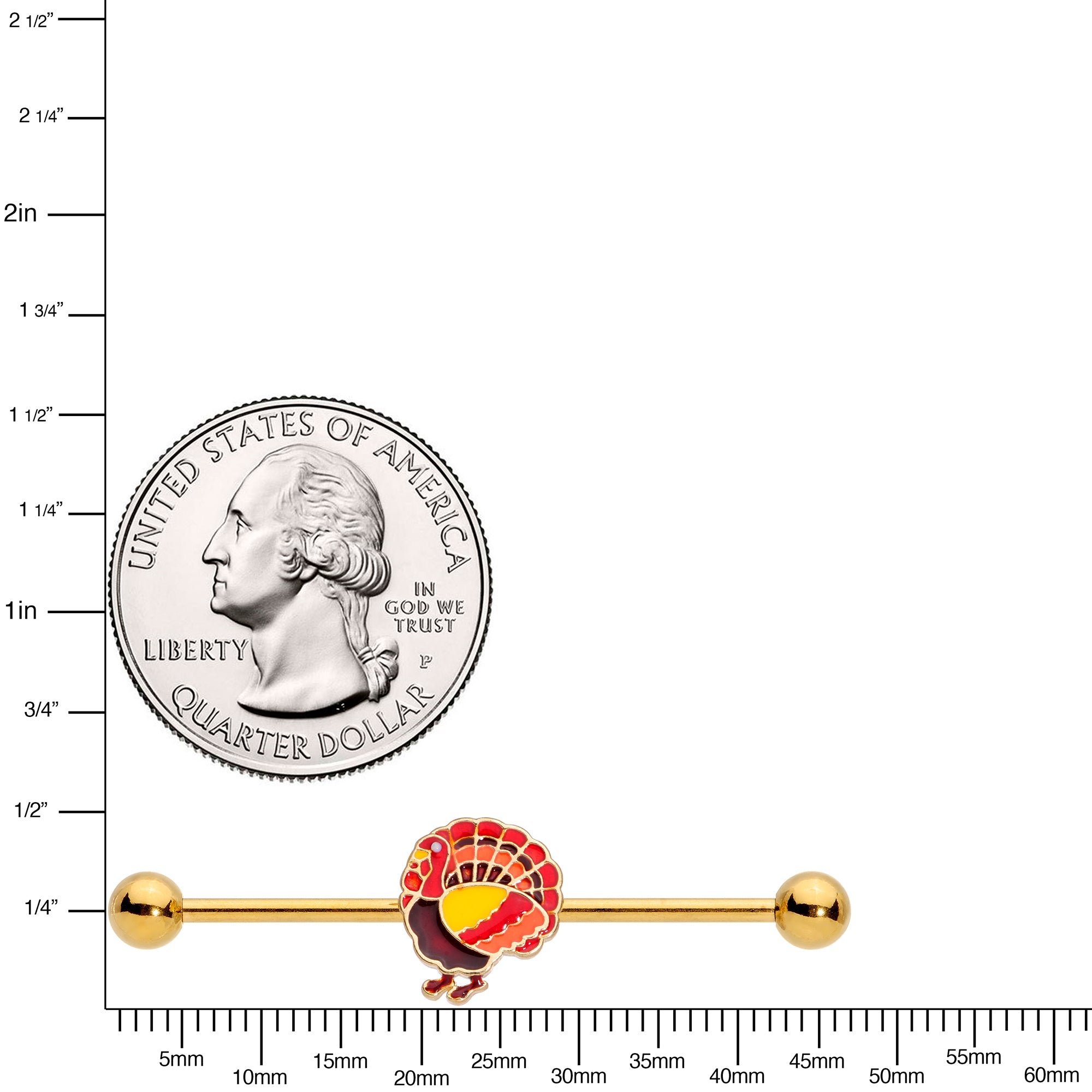 BodyCandy 14G Gold Tone Turkey Thanksgiving Industrial Barbell 38mm — detail close-up
