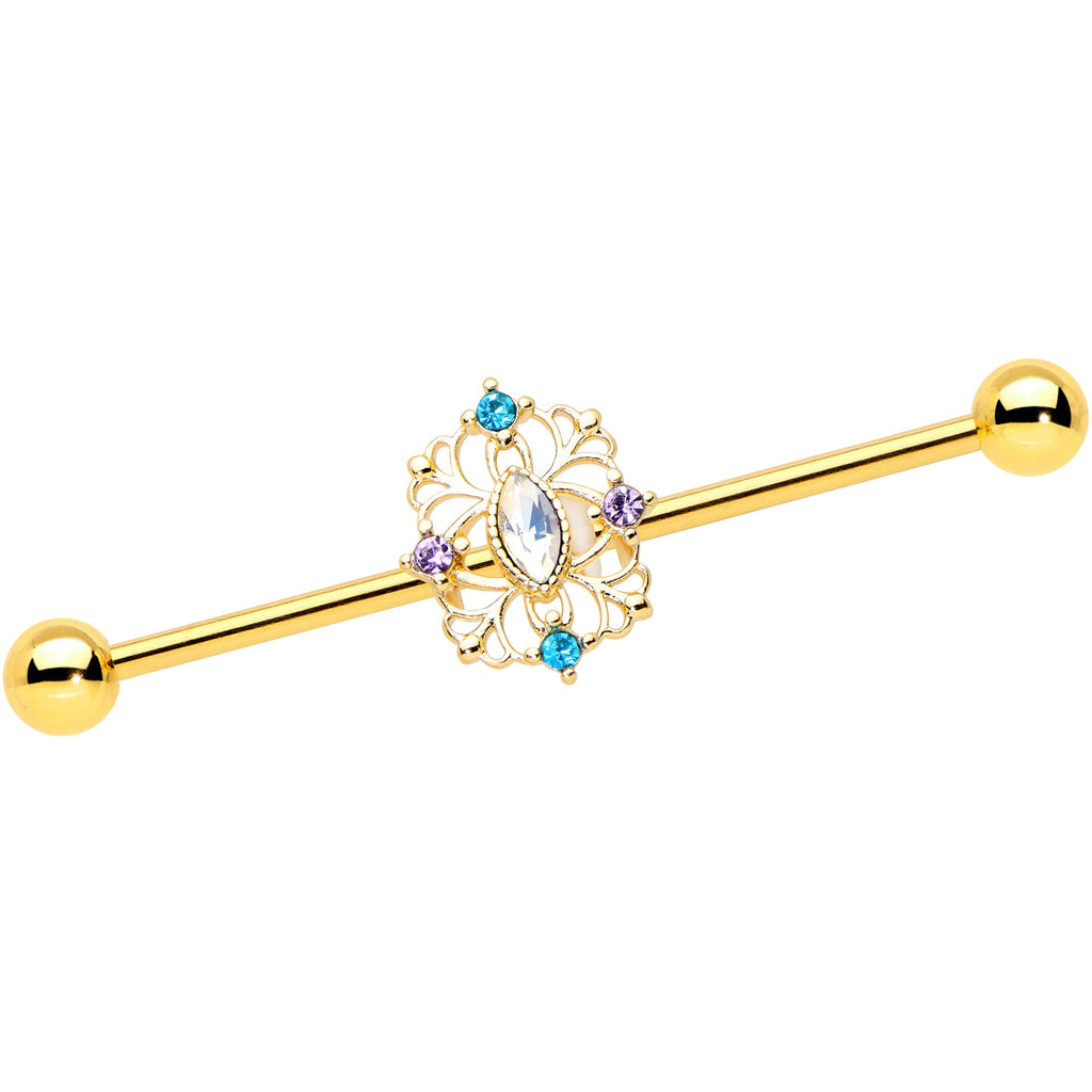 BodyCandy 14G White Synthetic Opal Gold Tone Web Industrial Barbell 38mm — main product shot