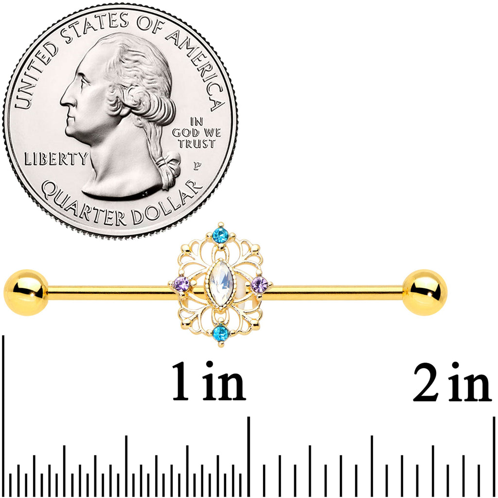 BodyCandy 14G White Synthetic Opal Gold Tone Web Industrial Barbell 38mm — detail close-up
