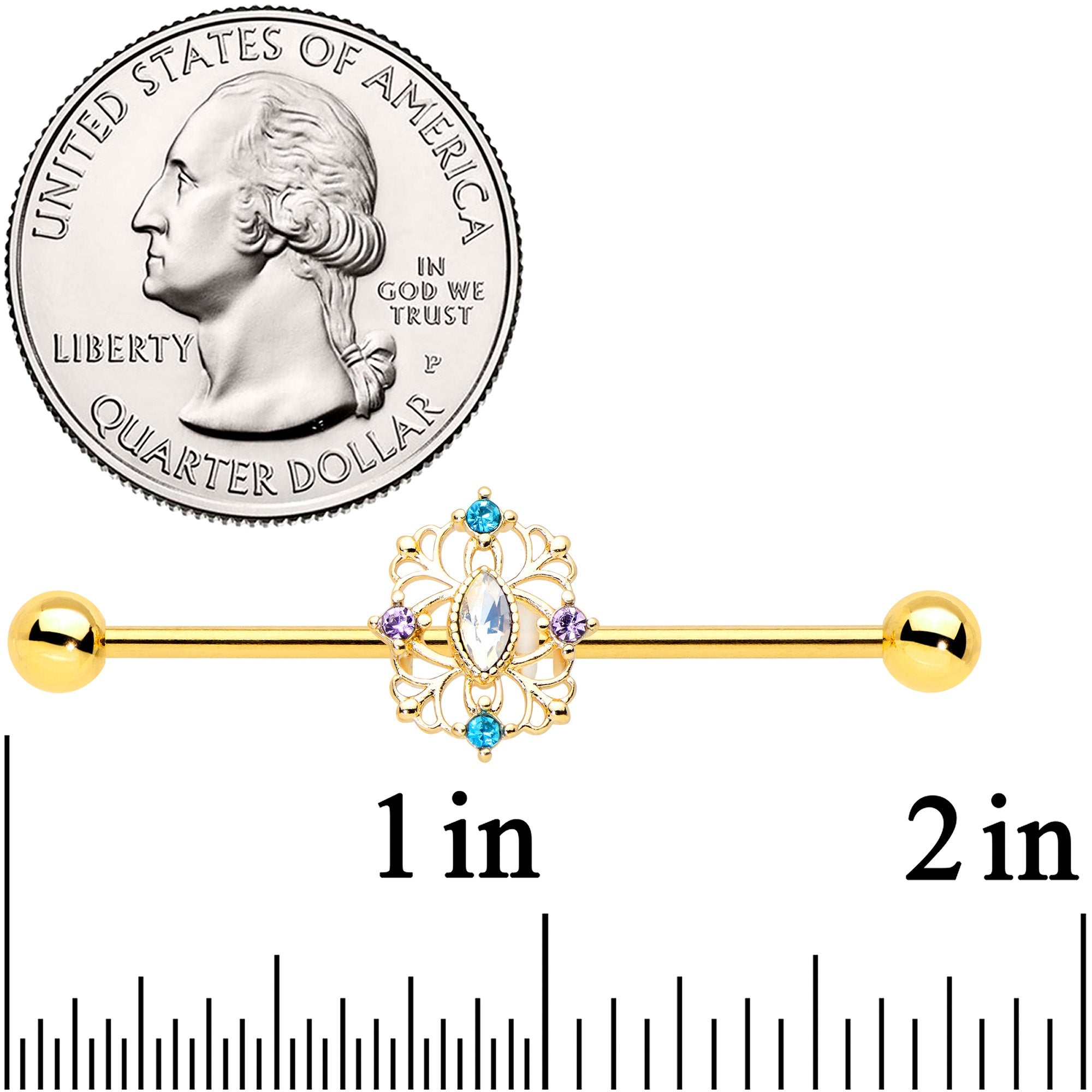 BodyCandy 14G White Synthetic Opal Gold Tone Web Industrial Barbell 38mm — detail close-up