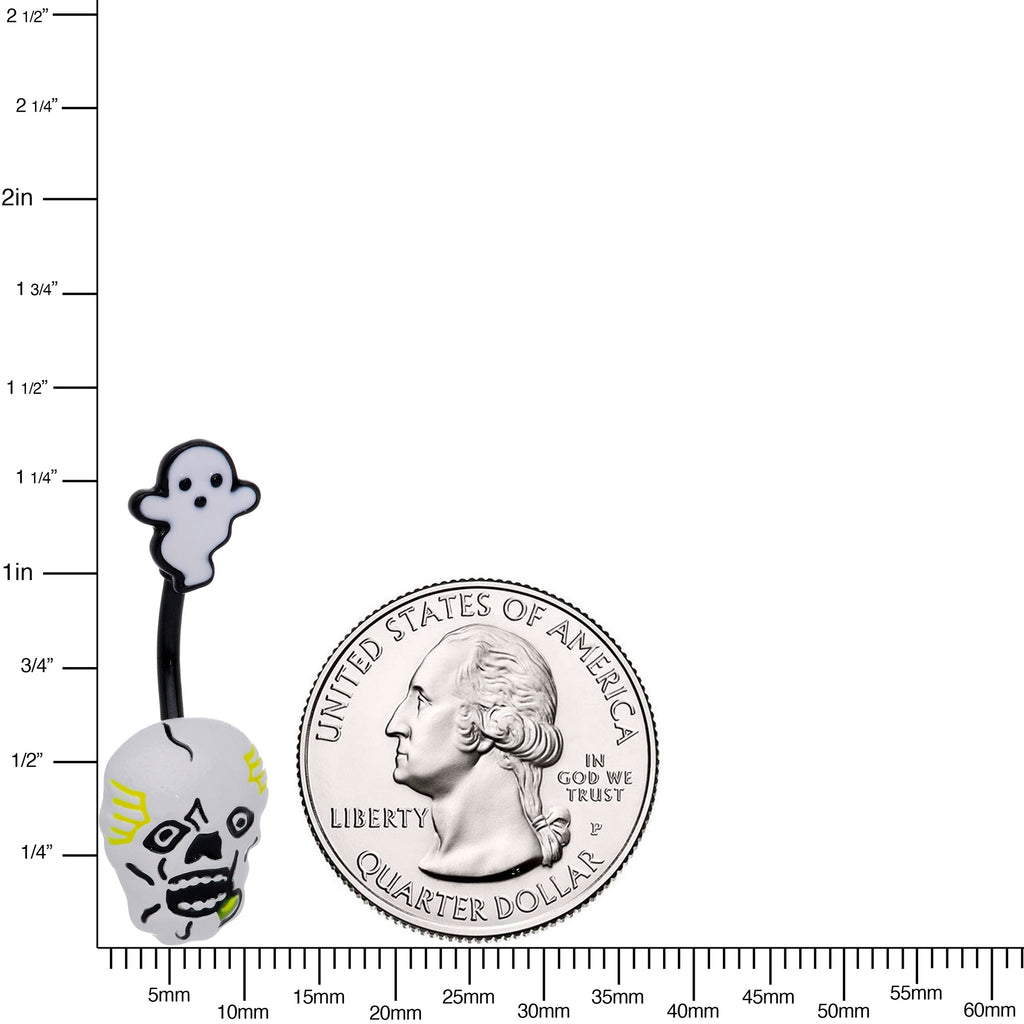 BodyCandy Black White Yellow Scary Skull Ghost Halloween Belly Ring — detail close-up