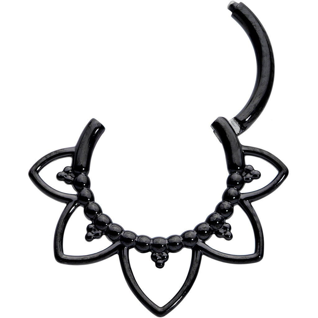 BodyCandy 16G 5/16 Black Open Petal Flower Hinged Segment Ring — detail close-up