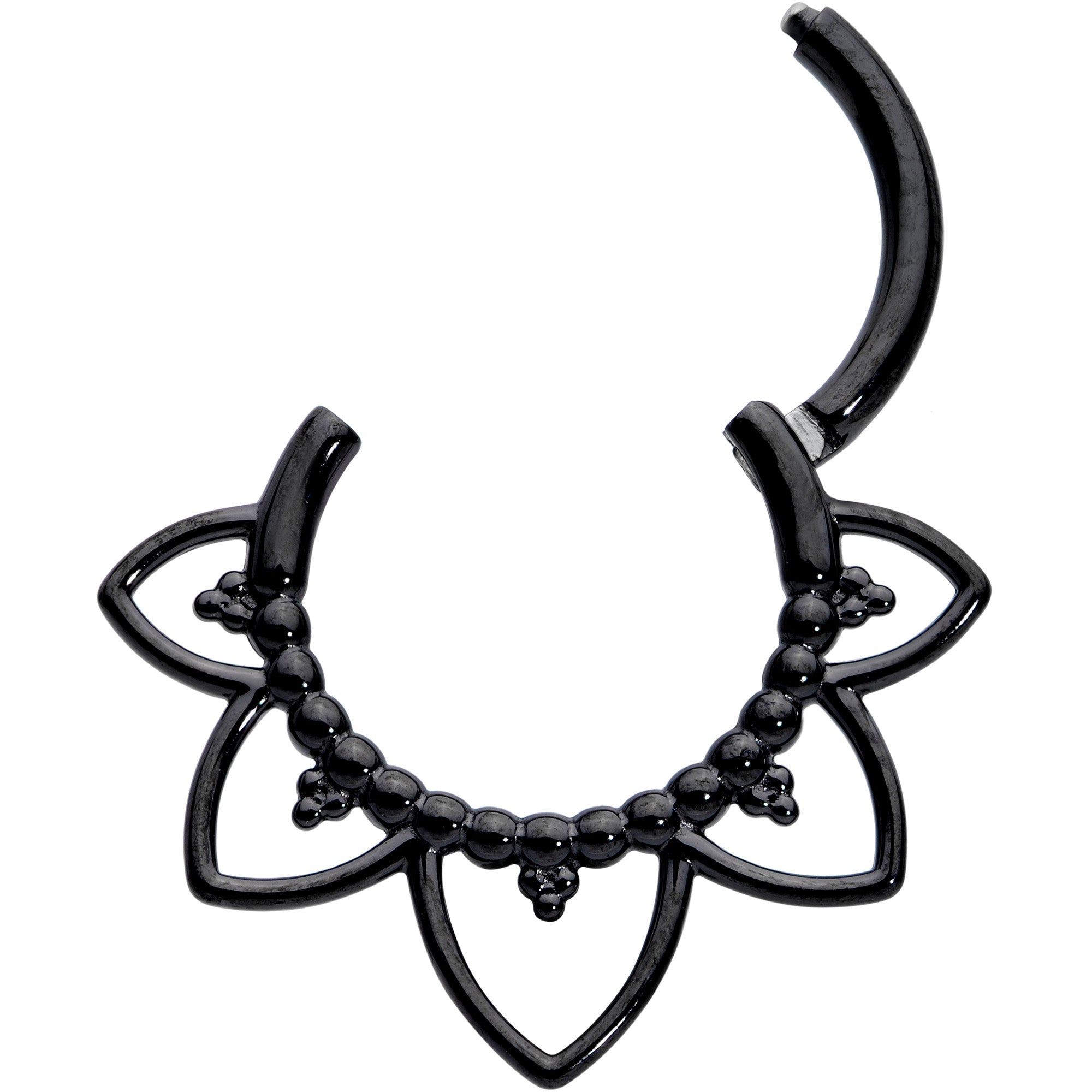BodyCandy 16G 5/16 Black Open Petal Flower Hinged Segment Ring — detail close-up