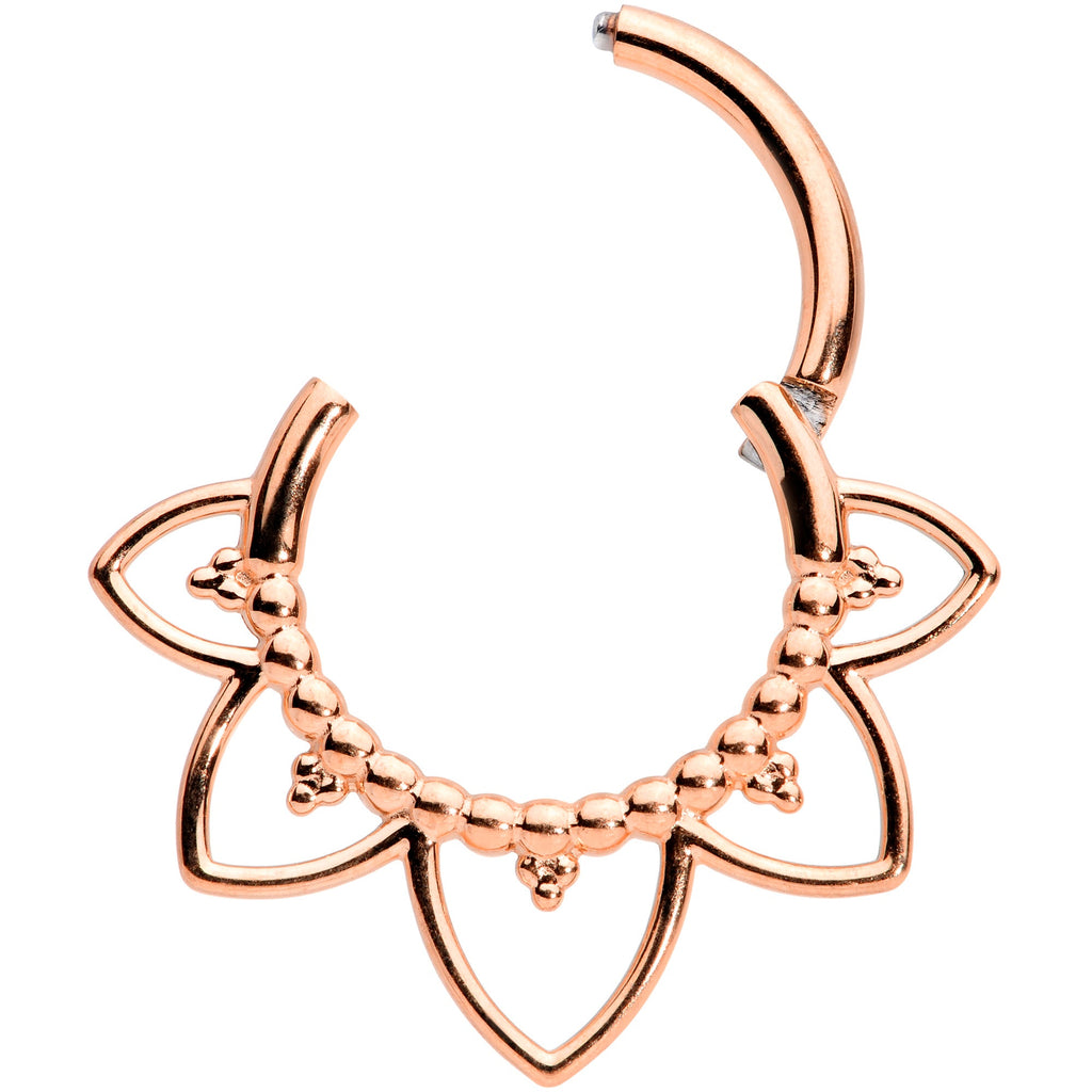 BodyCandy 16G 5/16 Rose Gold Tone Open Petal Flower Hinged Segment Ring — detail close-up