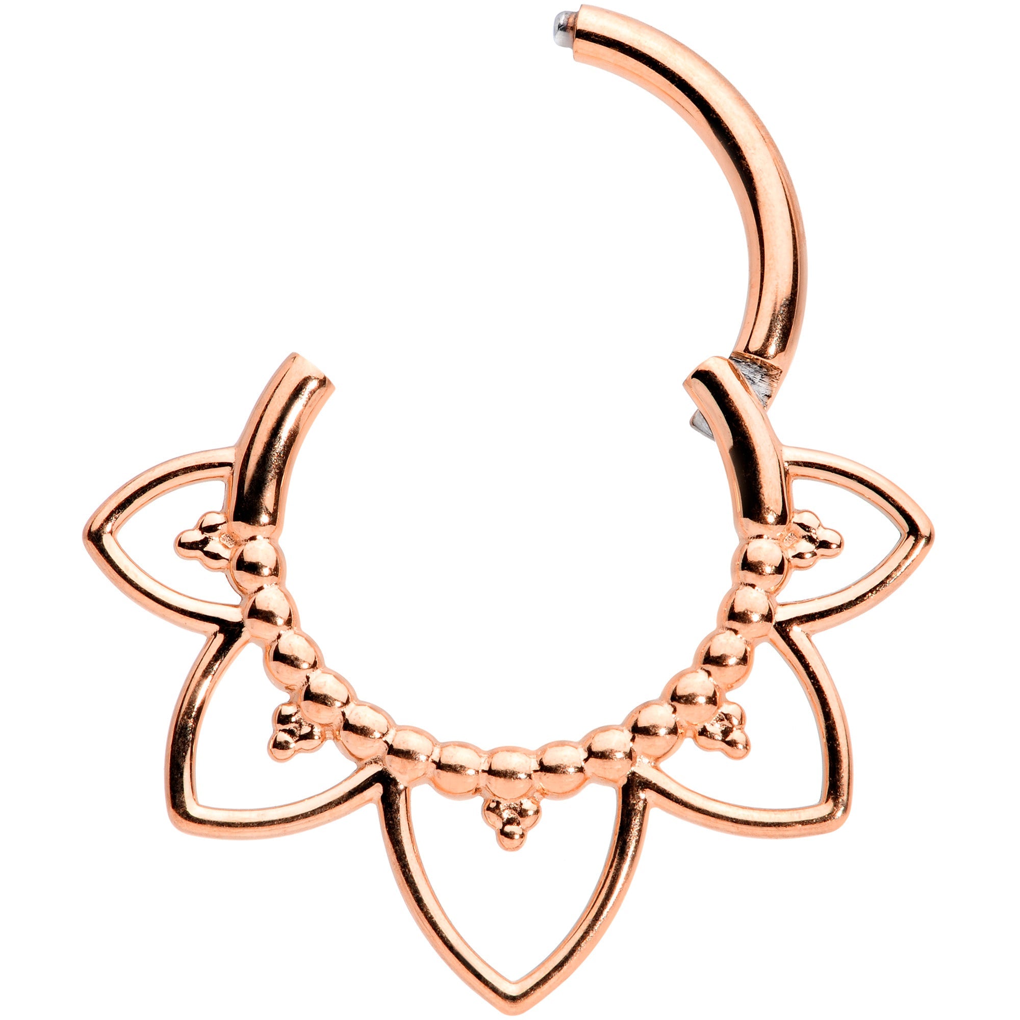BodyCandy 16G 5/16 Rose Gold Tone Open Petal Flower Hinged Segment Ring — detail close-up