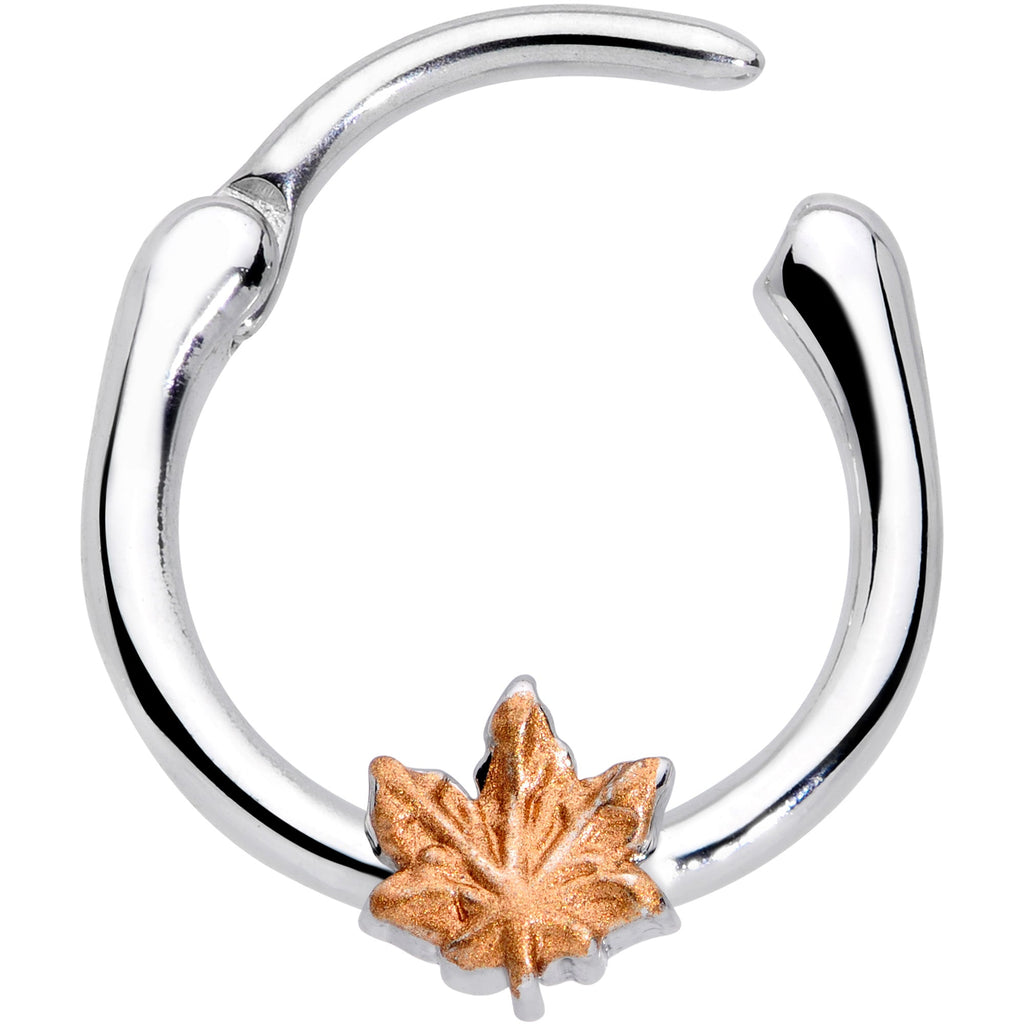 BodyCandy 16G 3/8 Rose Gold Tone Fall Autumn Leaf Cartilage Clicker — detail close-up