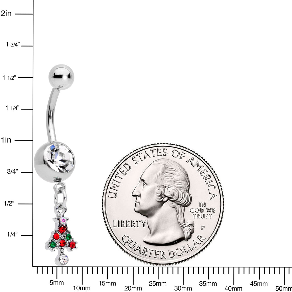 BodyCandy Clear Red Green Gem Christmas Tree Holiday Dangle Belly Ring — detail close-up