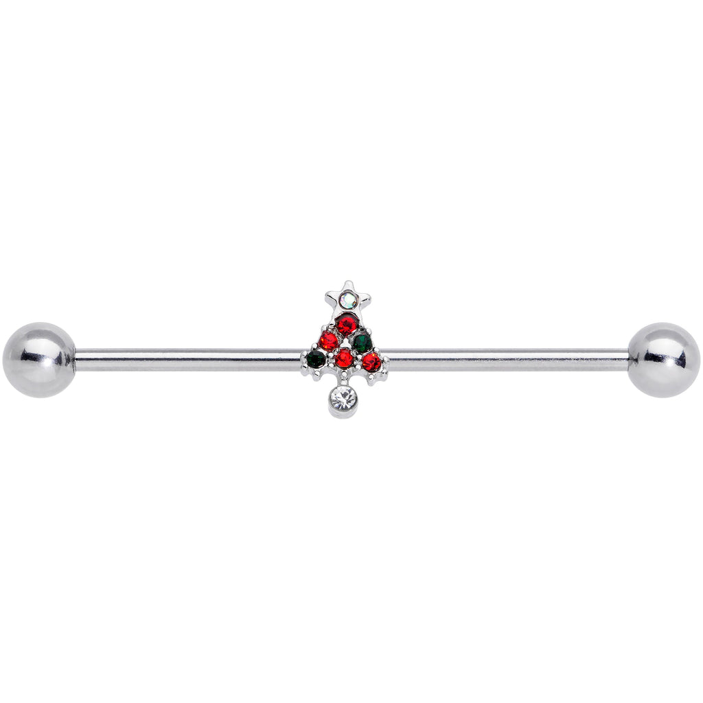 BodyCandy 14G Clear Red Green Gem Christmas Tree Industrial Barbell 38mm — detail close-up