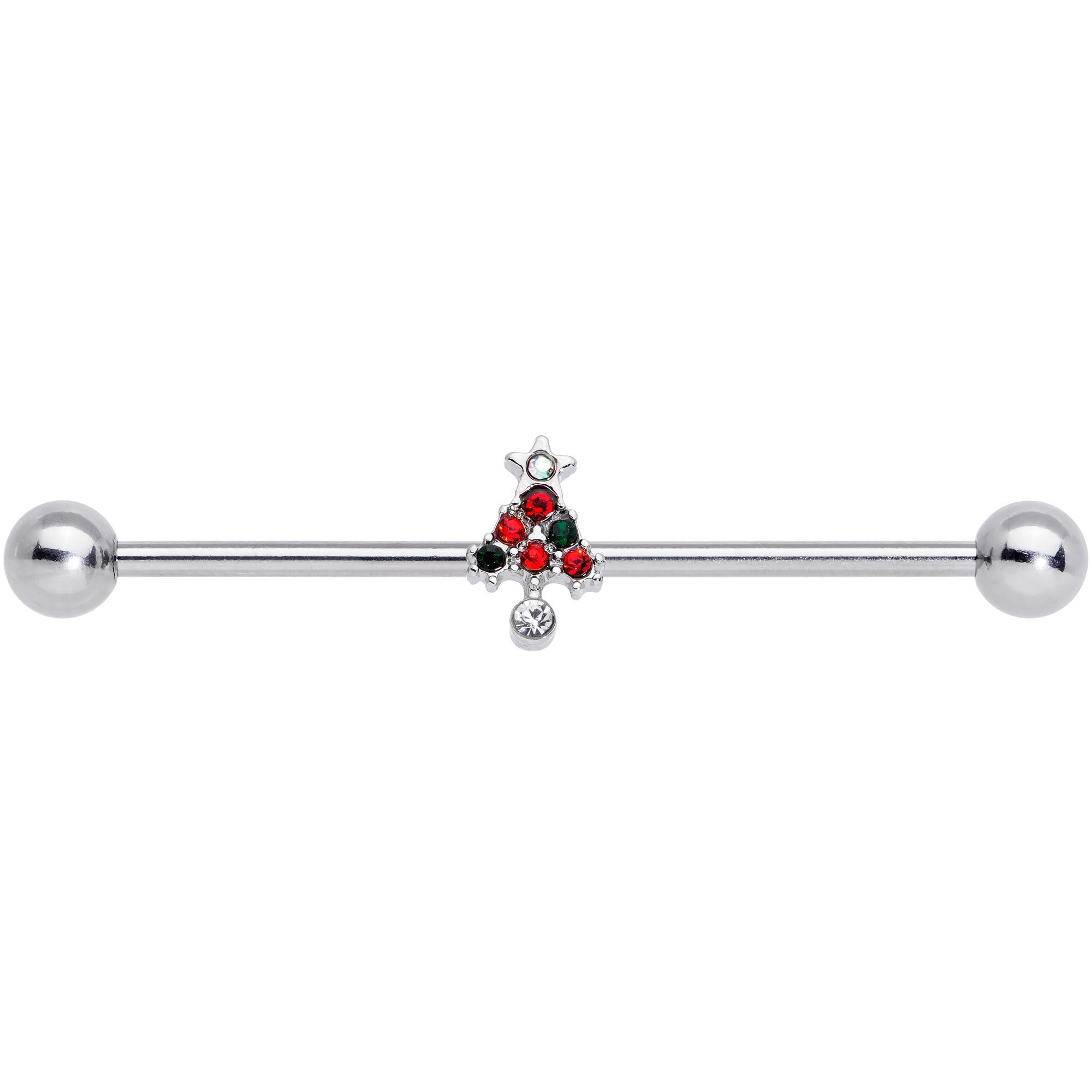 BodyCandy 14G Clear Red Green Gem Christmas Tree Industrial Barbell 38mm — detail close-up