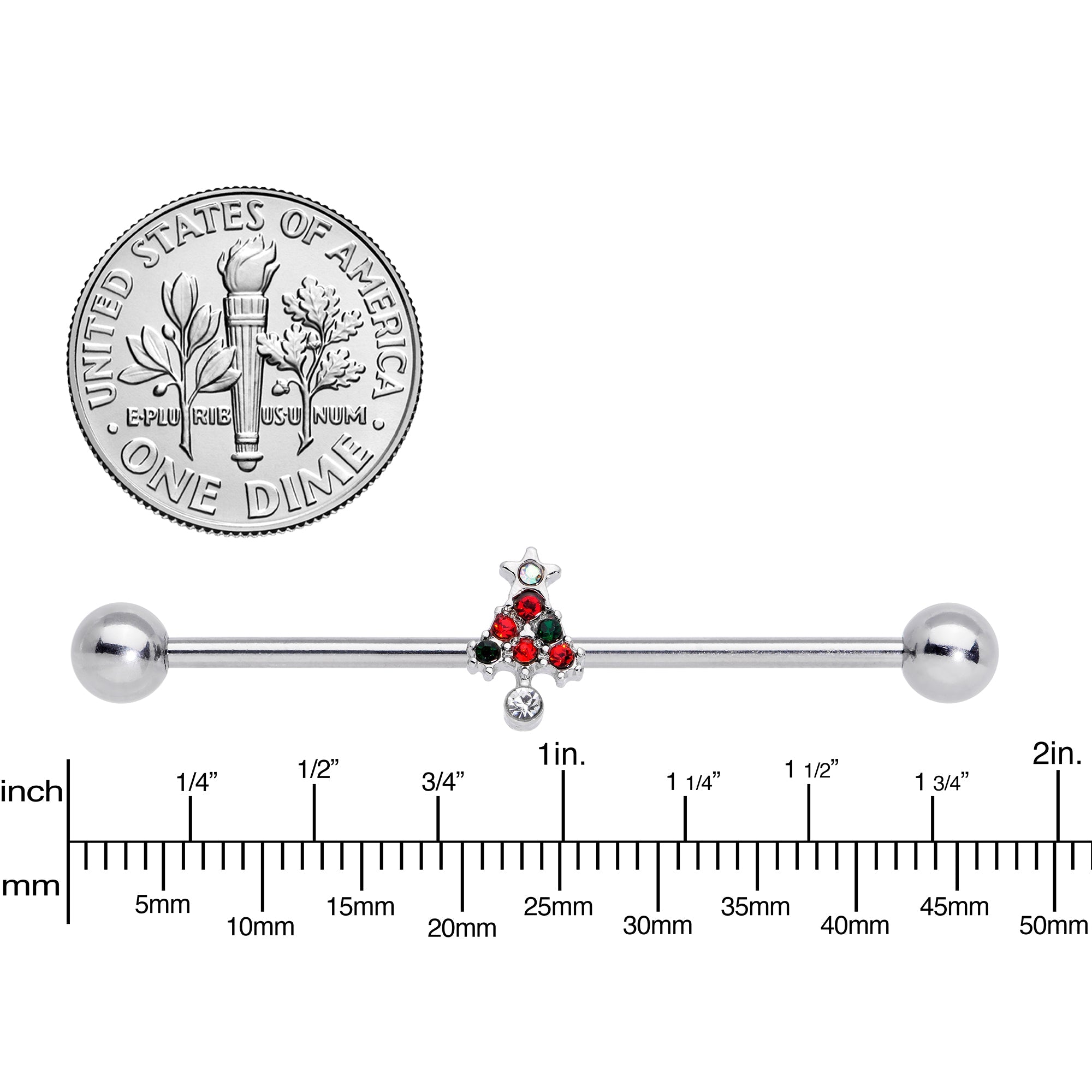 BodyCandy 14G Clear Red Green Gem Christmas Tree Industrial Barbell 38mm — lifestyle context