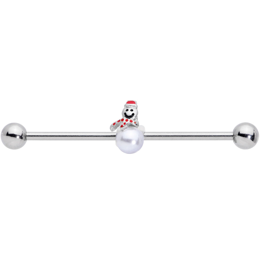 BodyCandy 14G Pearlescent Orb Snowman Christmas Industrial Barbell 38mm — detail close-up