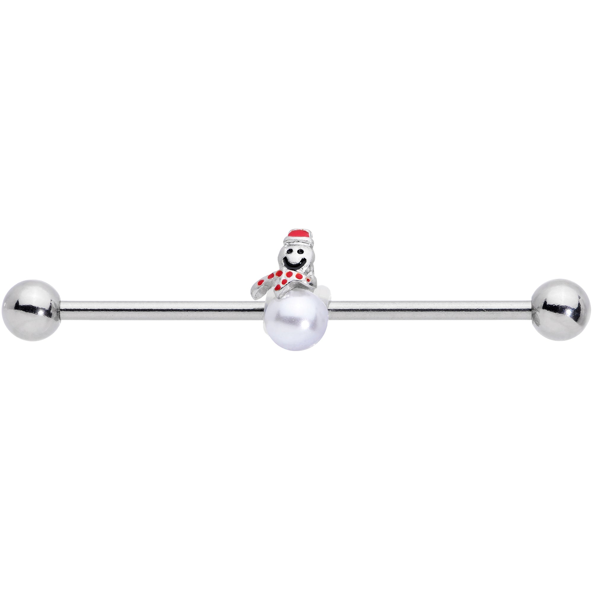 BodyCandy 14G Pearlescent Orb Snowman Christmas Industrial Barbell 38mm — detail close-up