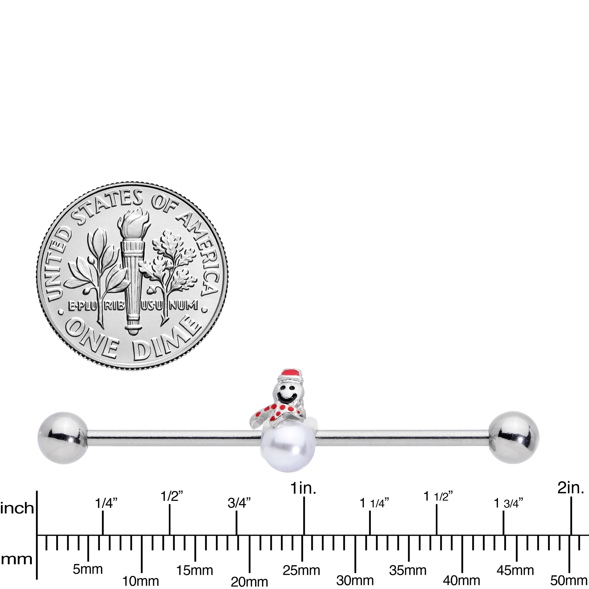 BodyCandy 14G Pearlescent Orb Snowman Christmas Industrial Barbell 38mm — lifestyle context