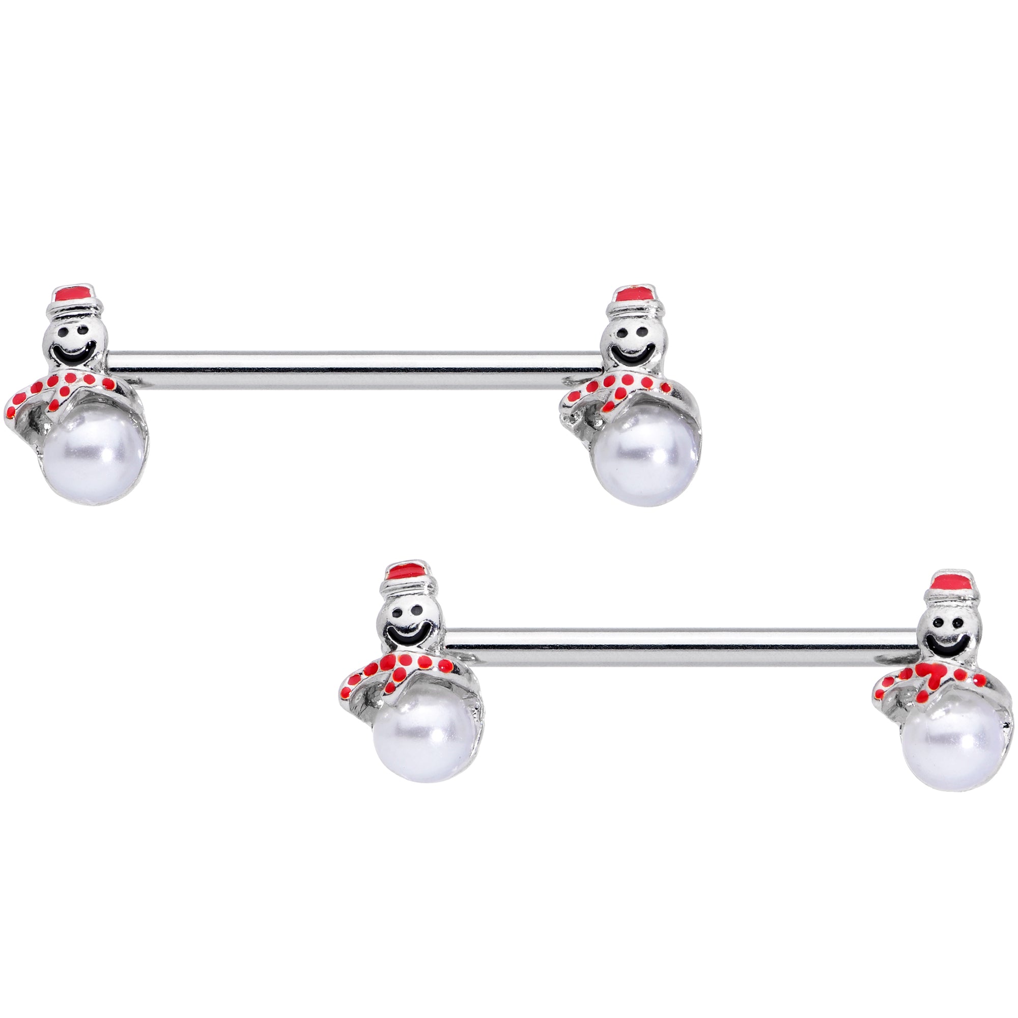 BodyCandy 14G 5/8 Pearlescent Orb Snowman Christmas Barbell Nipple Ring Set — main product shot