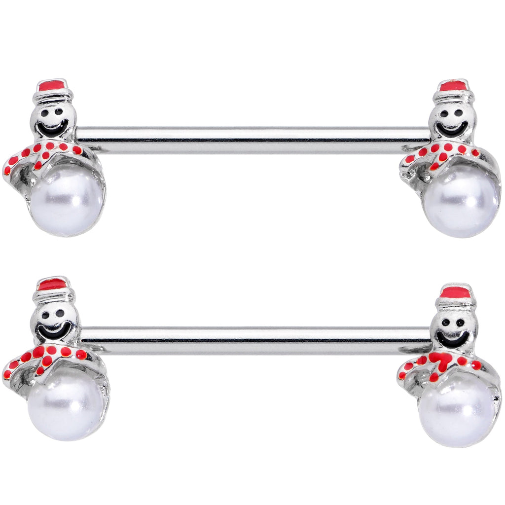 BodyCandy 14G 5/8 Pearlescent Orb Snowman Christmas Barbell Nipple Ring Set — detail close-up