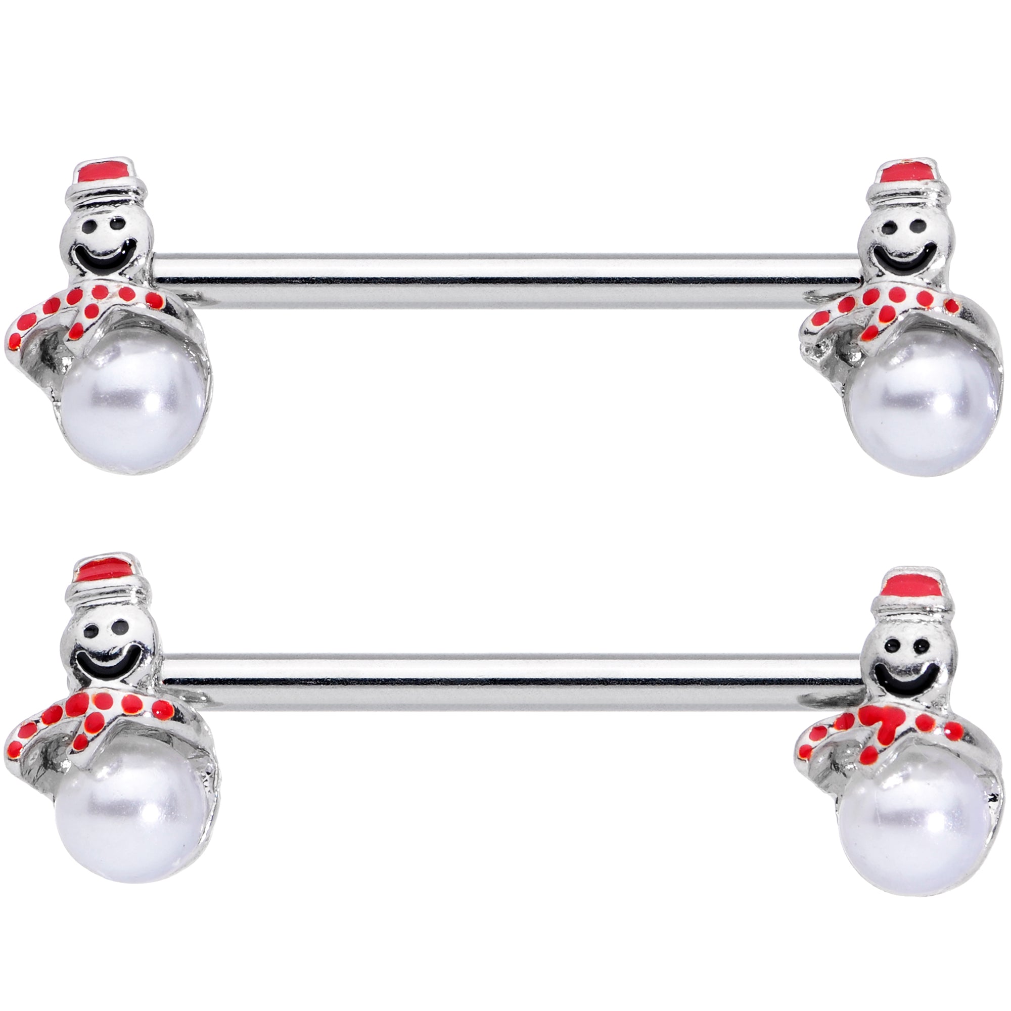 BodyCandy 14G 5/8 Pearlescent Orb Snowman Christmas Barbell Nipple Ring Set — detail close-up