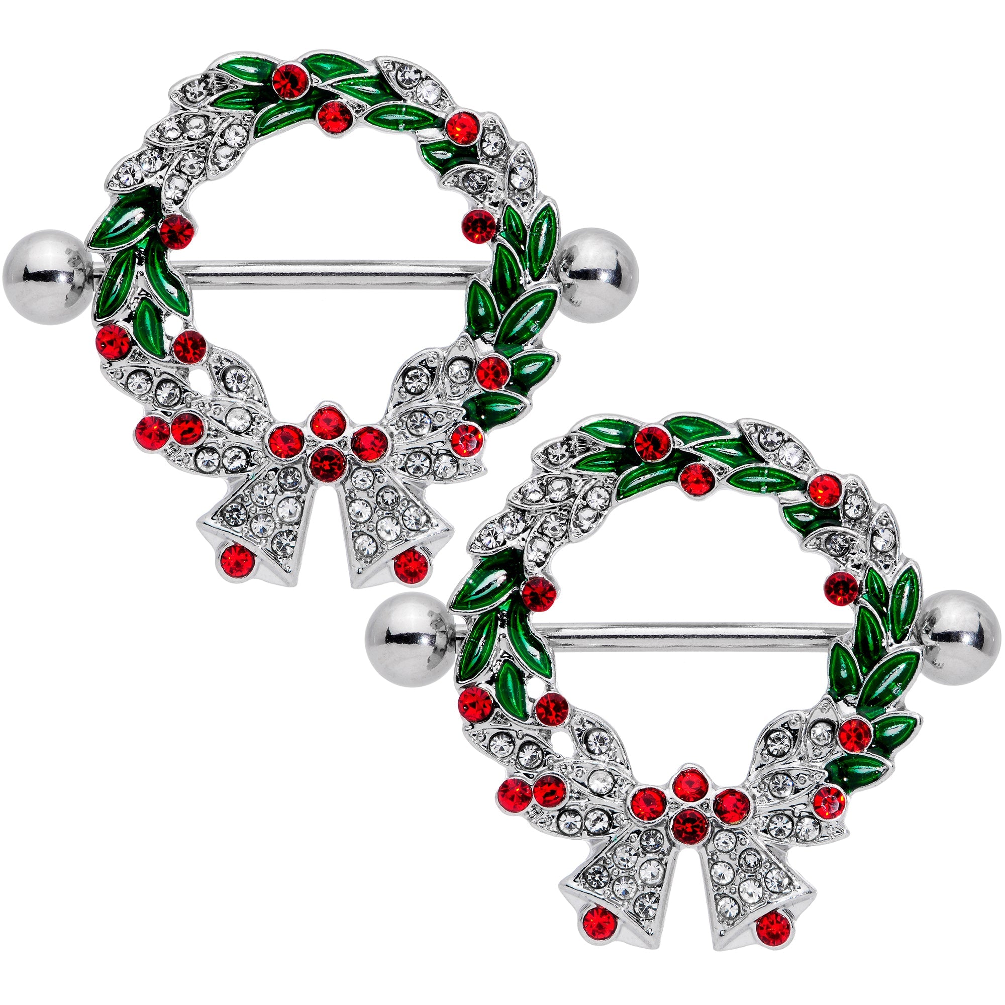 BodyCandy 14G 11/16 Red Green Gem Christmas Wreath Nipple Shield Set — main product shot