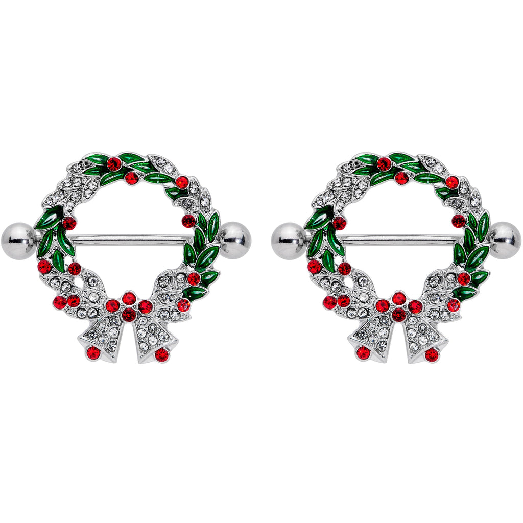 BodyCandy 14G 11/16 Red Green Gem Christmas Wreath Nipple Shield Set — detail close-up