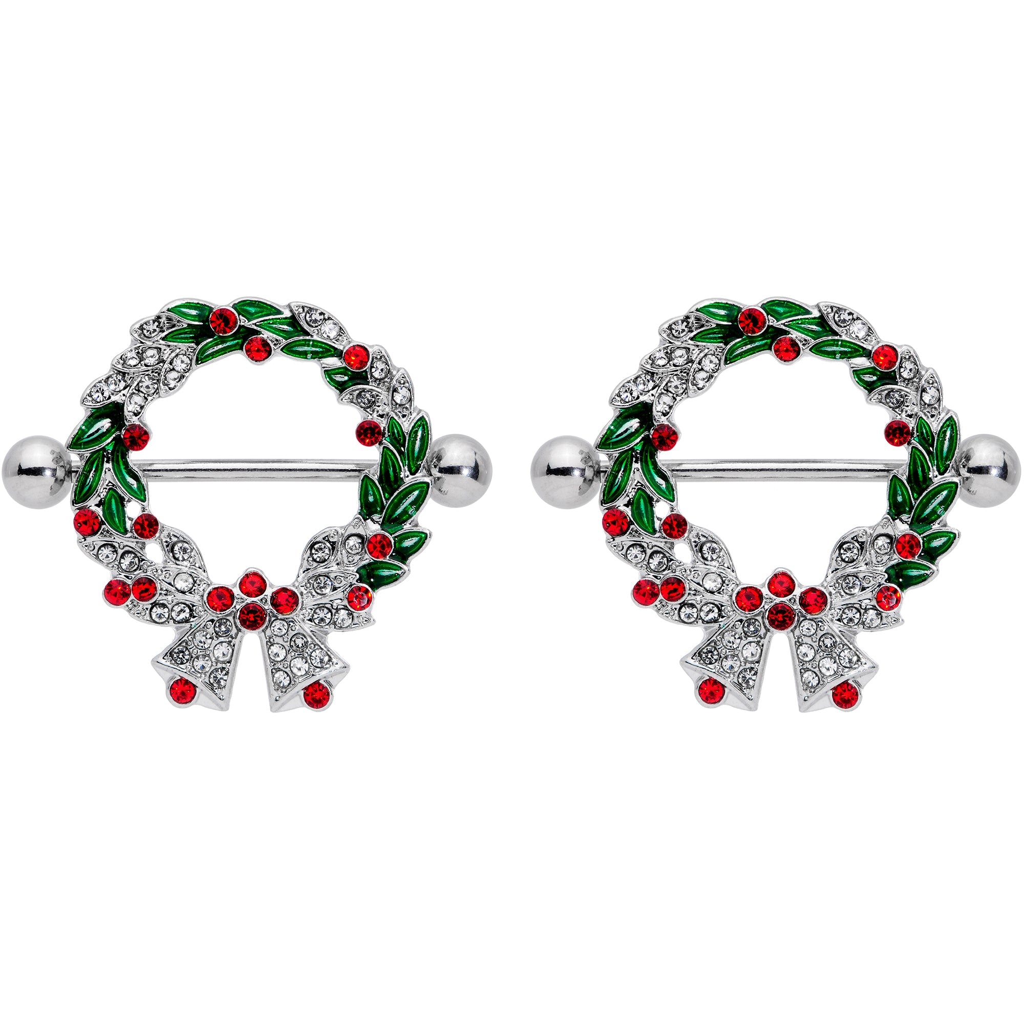 BodyCandy 14G 11/16 Red Green Gem Christmas Wreath Nipple Shield Set — detail close-up