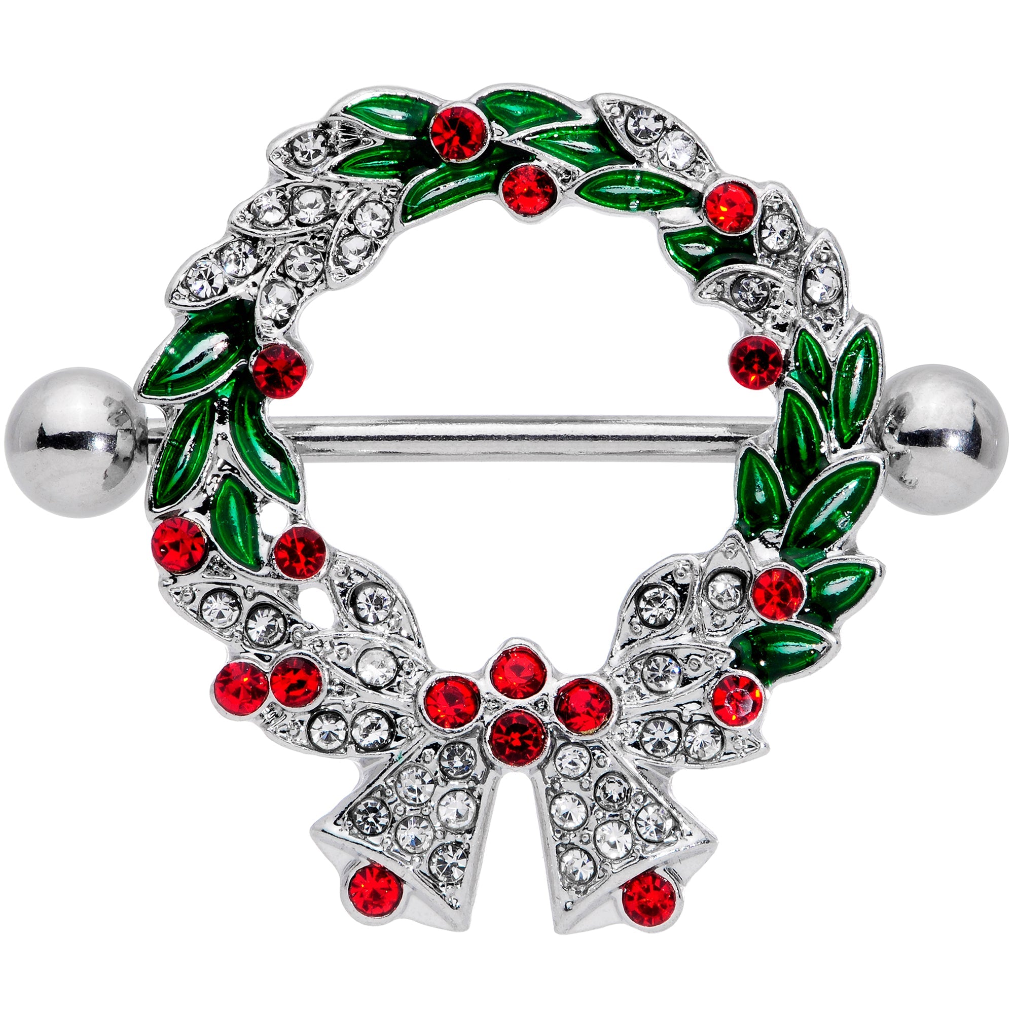 BodyCandy 14G 11/16 Red Green Gem Christmas Wreath Nipple Shield Set — lifestyle context