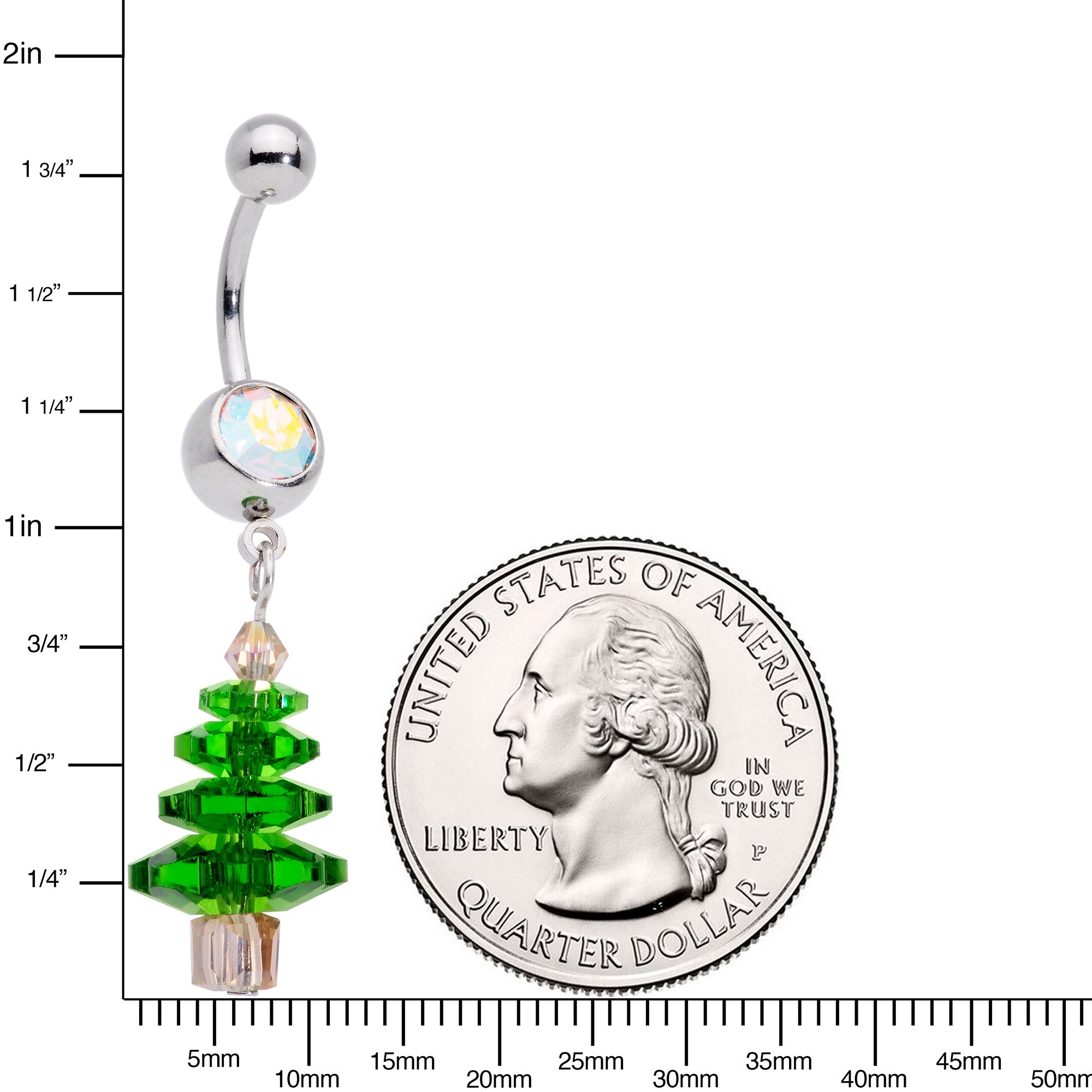 BodyCandy Aurora Green Gem Christmas Tree Holiday Dangle Belly Ring — detail close-up