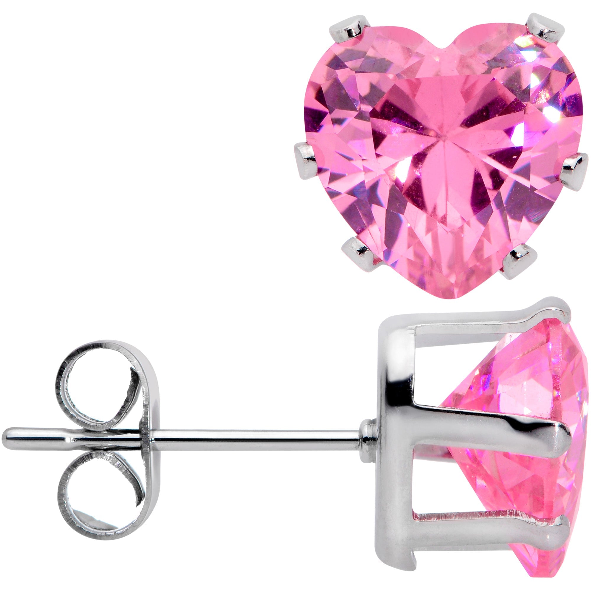 BodyCandy Pink Gem Valentine Heart Steel Post Stud Earrings — detail close-up