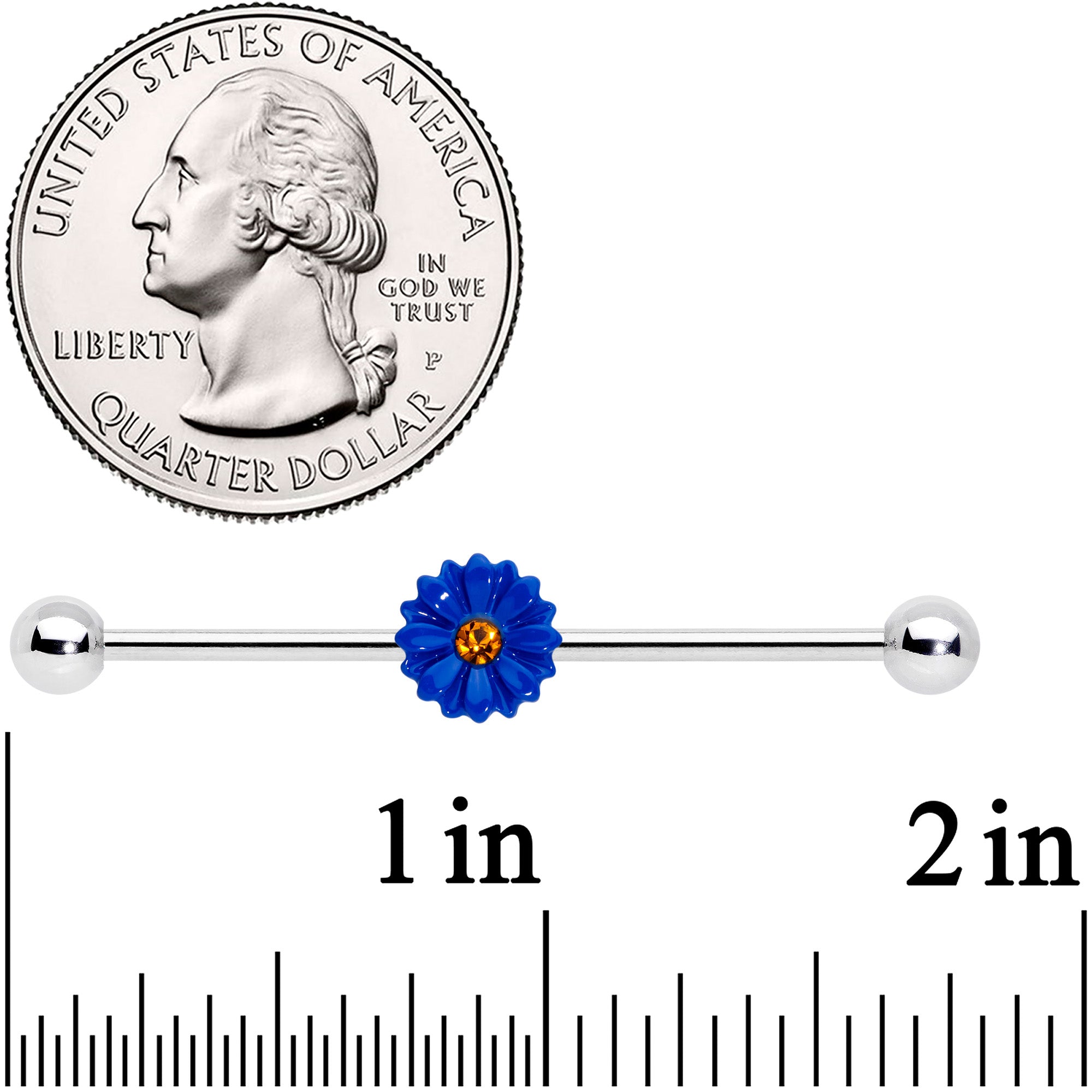 BodyCandy 14G Yellow Gem Blue Sunflower Industrial Barbell 38mm — detail close-up