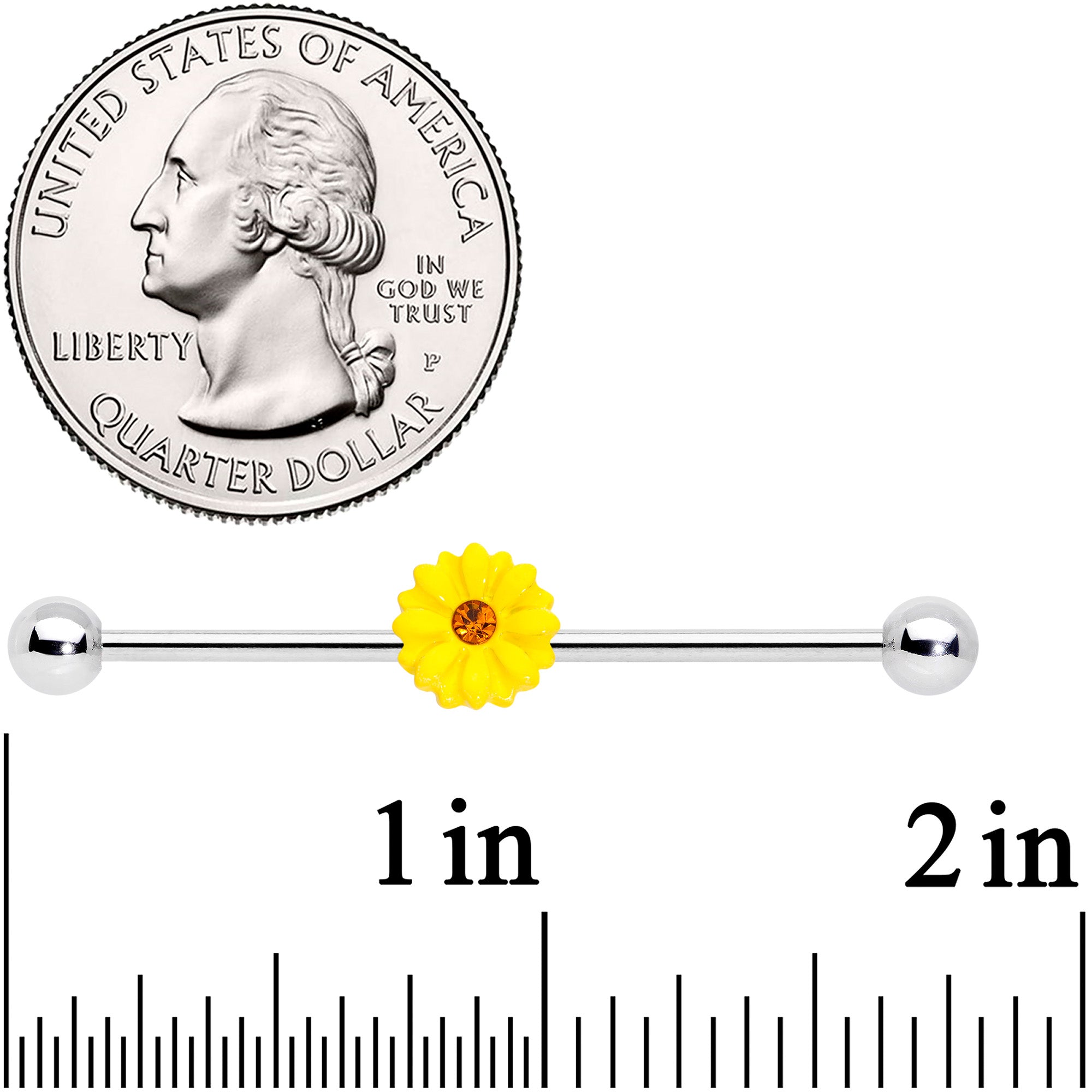 BodyCandy 14G Yellow Gem Yellow Sunflower Industrial Barbell 38mm — detail close-up