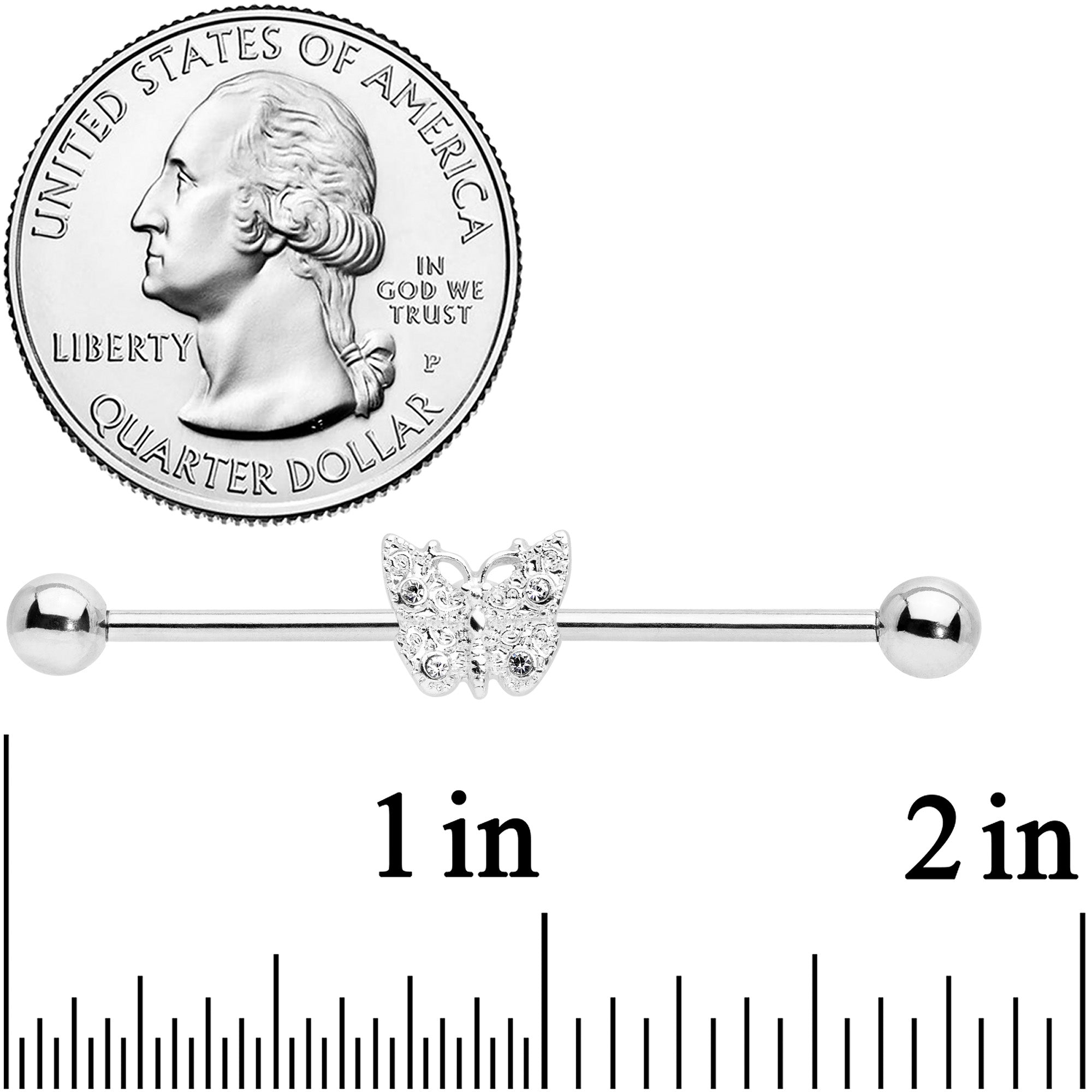 BodyCandy 14G Clear Gem Butterfly Industrial Barbell 38mm — detail close-up