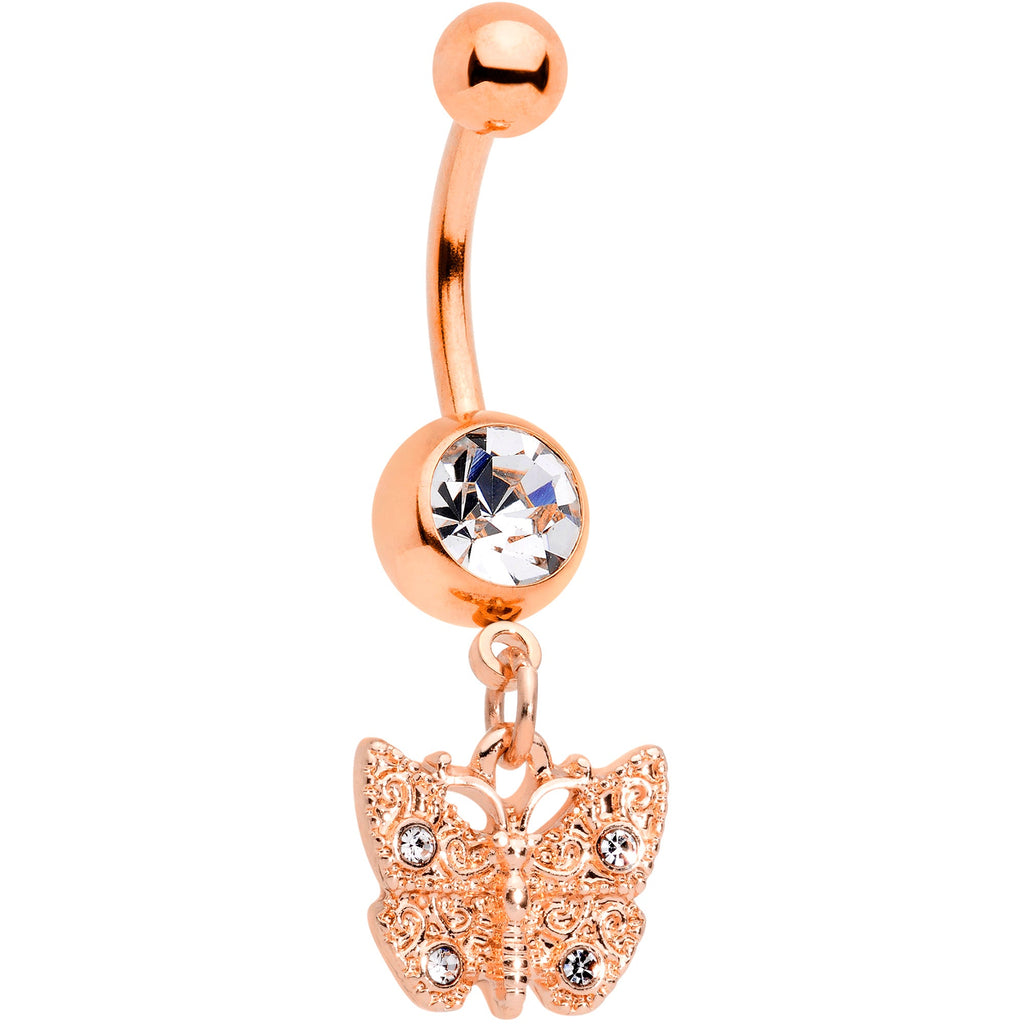 BodyCandy Rose Gold Tone Clear Gem Baroque Butterfly Dangle Belly Ring — main product shot